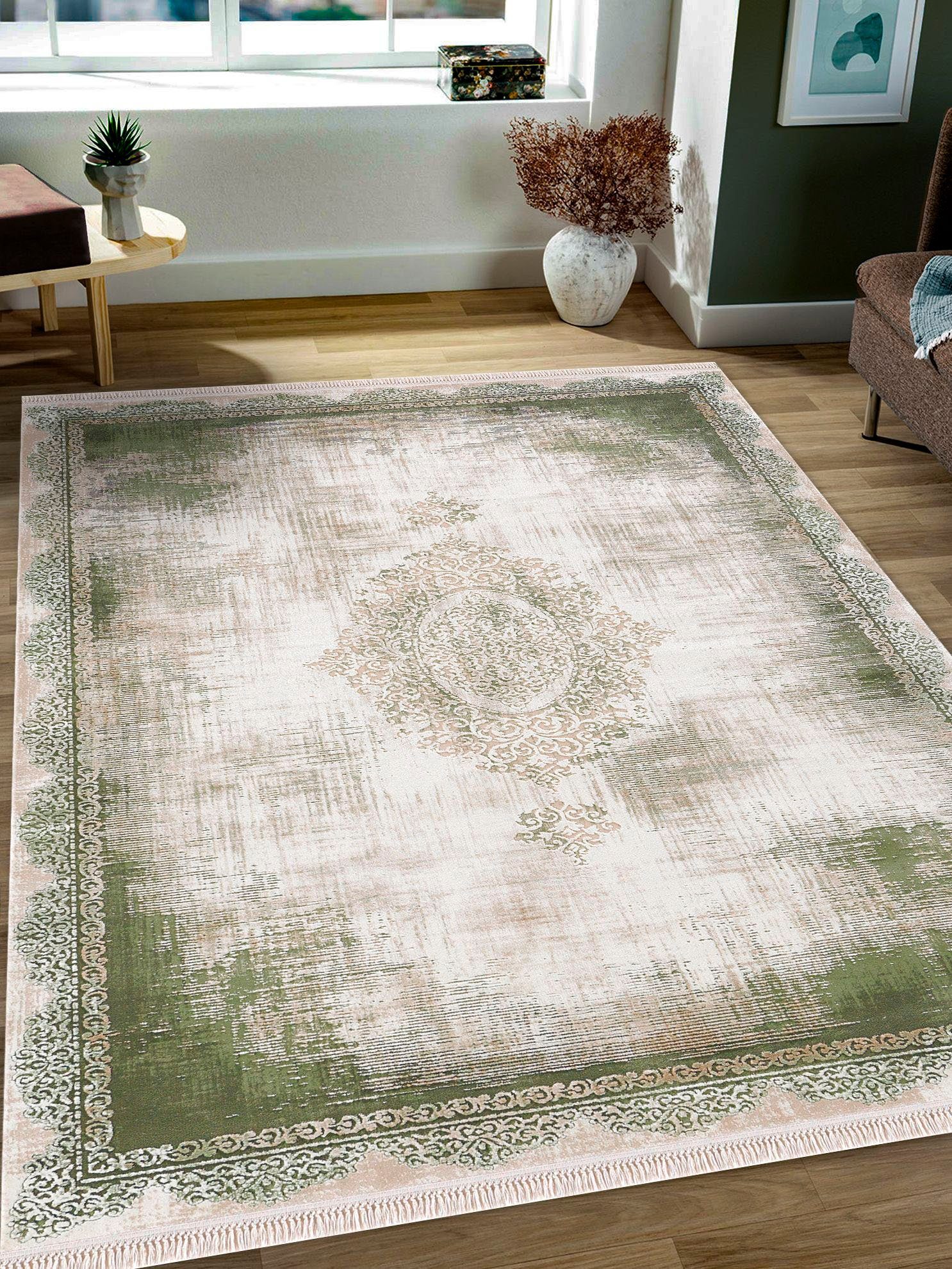 merinos Vloerkleed Rodin 19770 Vintage, oriënt, kortpolig met franjes moderne vloerkleden maat 80 cm x 150 cm x 10 mm groen