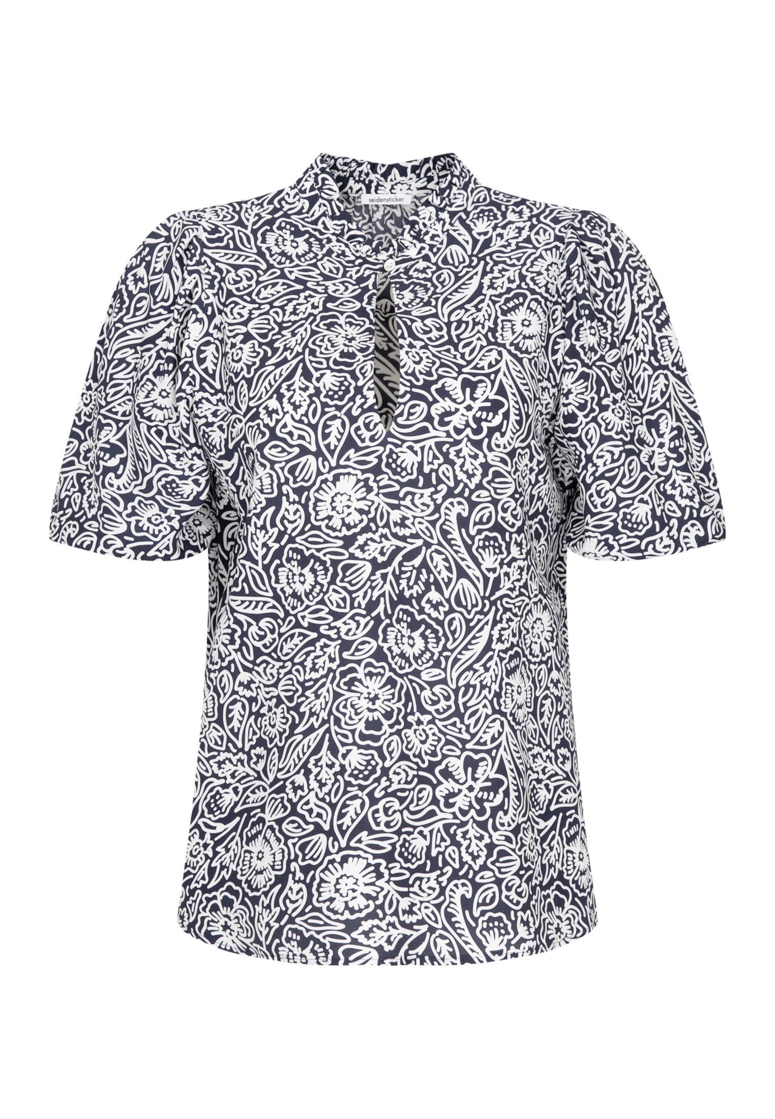 seidensticker Shirtblouse Zwarte roos Korte mouwen ronde hals in bloemmotief