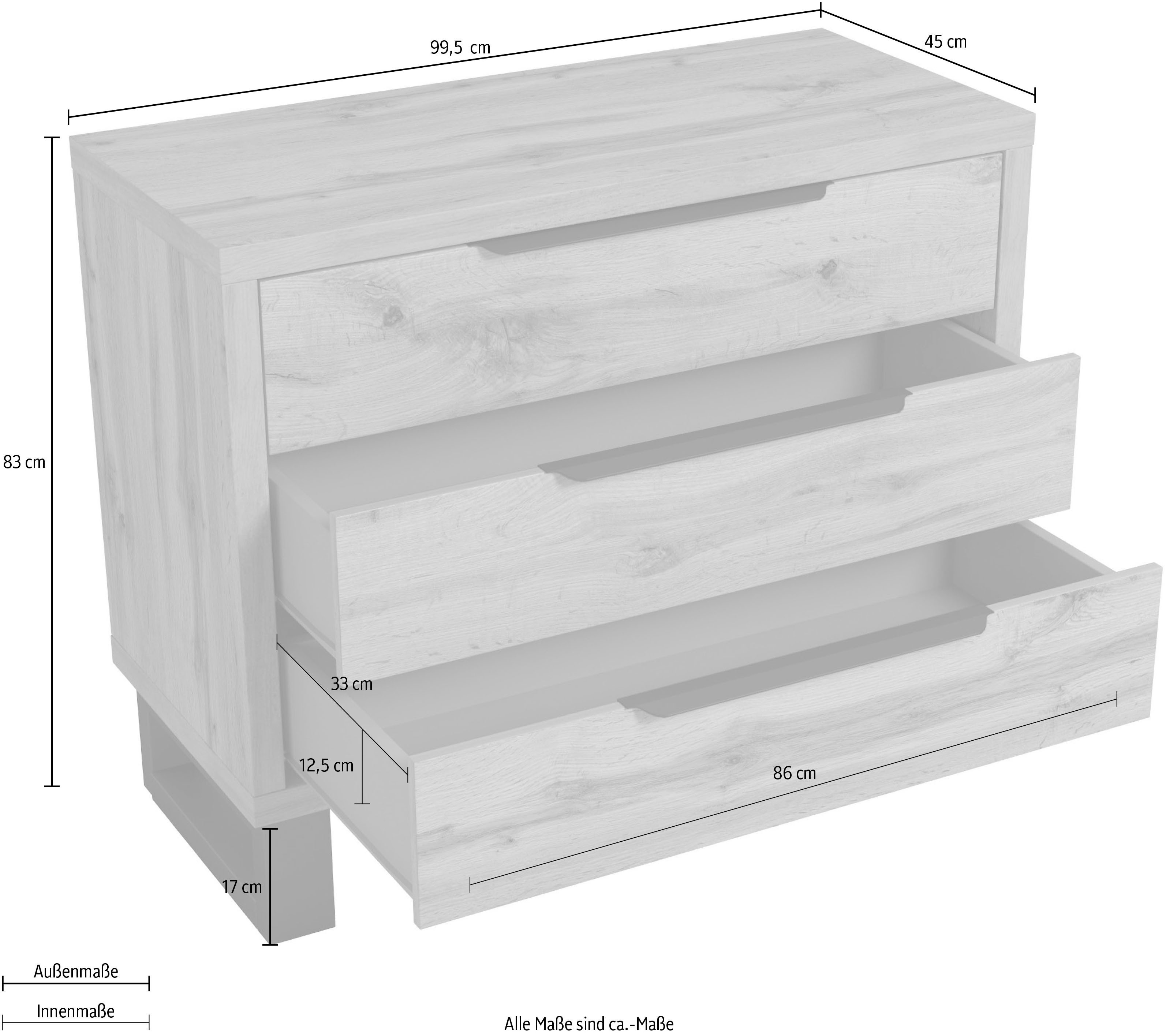 Home affaire Ladekast Bronne, 99,5x83x45cm commode, metalen handgrepen Potens in sledevorm, sideboard met 3 lades, slaapkamercommode