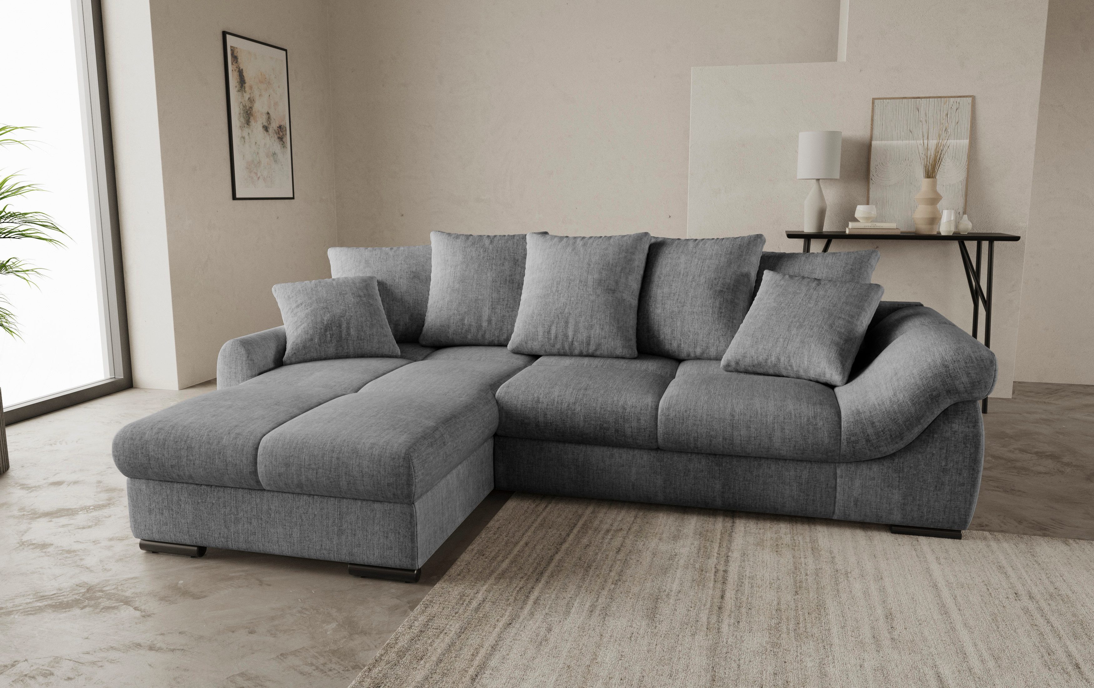 Mr. Couch Hoekbank Livorno L-vorm incl. hoogslaper beduitbreiding, xl bedbox wit gecoat