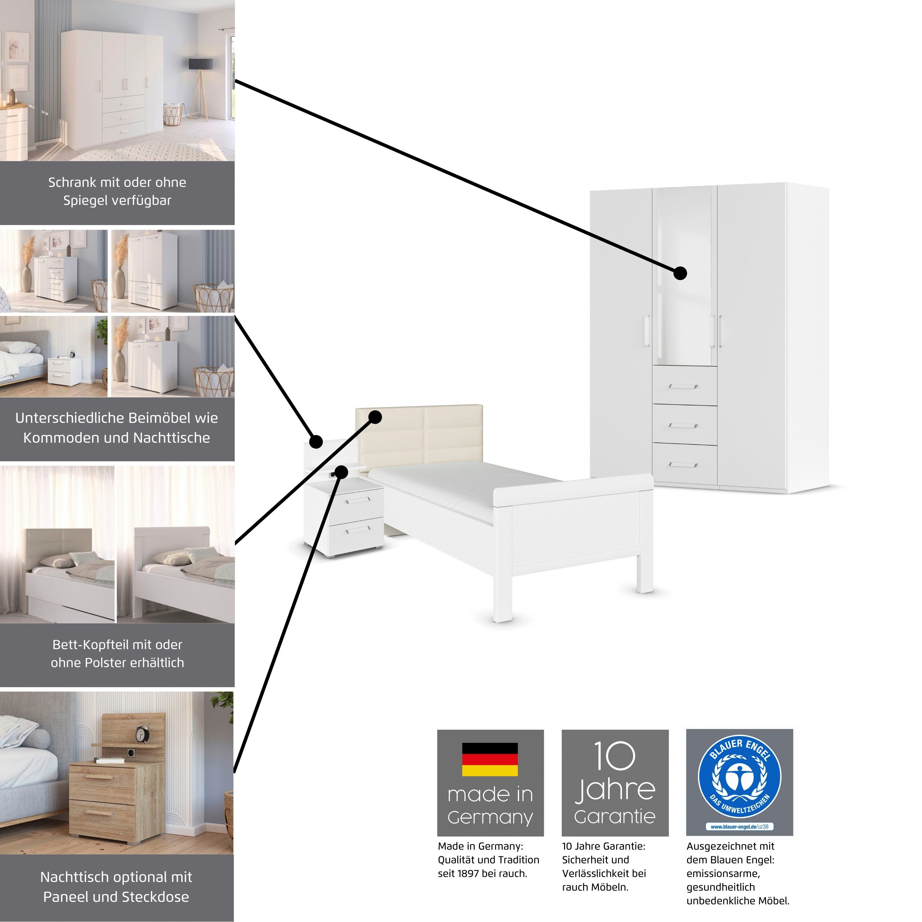 rauch Slaapkamerserie Compleet slaapkamer EVELYN Kast en bed in 2 breedtes, nachtkastje met 2 lades MADE IN GERMANY (set, 3-delig)