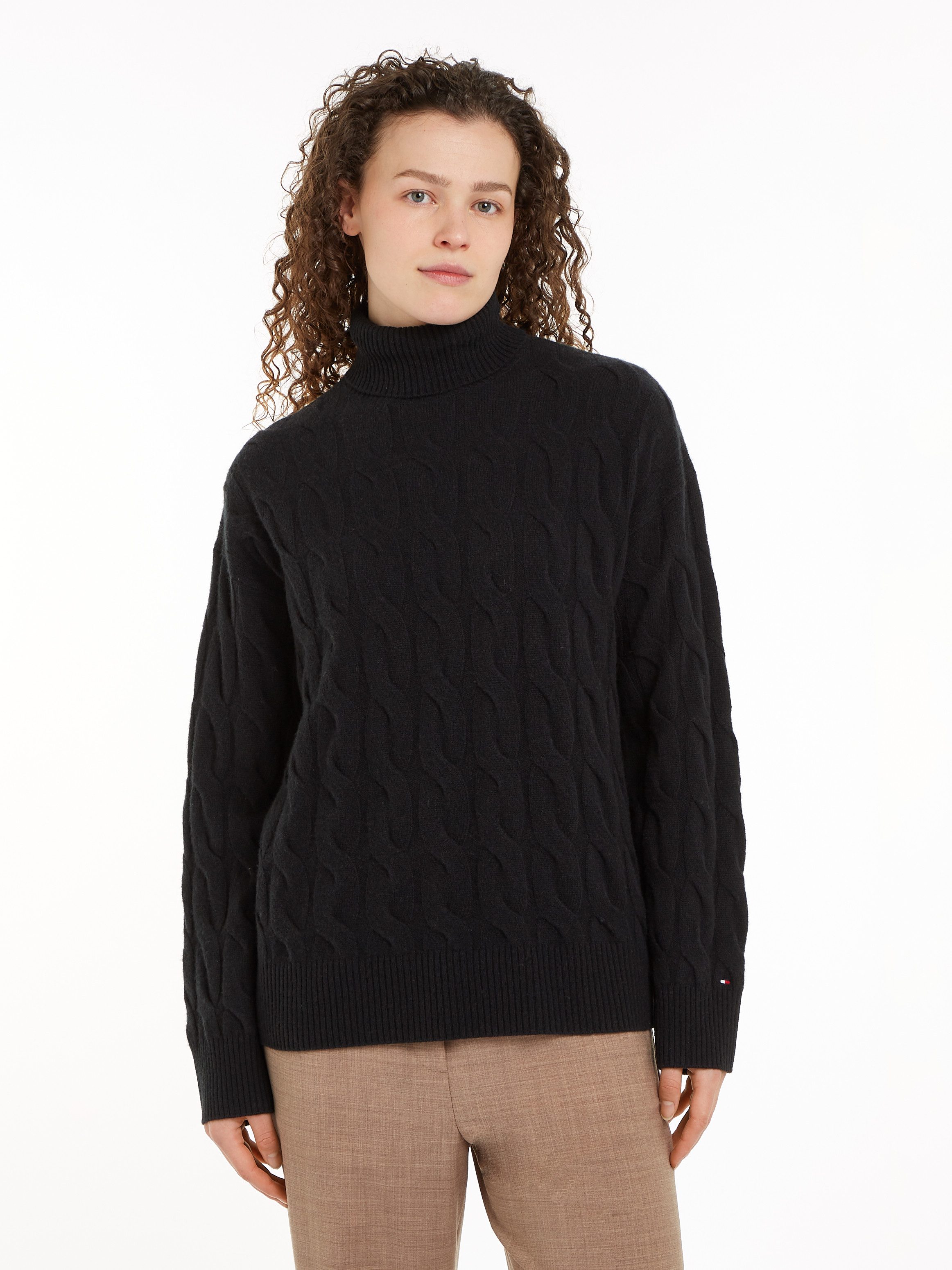 Tommy Hilfiger Coltrui SOFT WOOL CABLE ROLL-NK SWEATER met logoborduring allover kabelpatroon rolkraag 100% wol