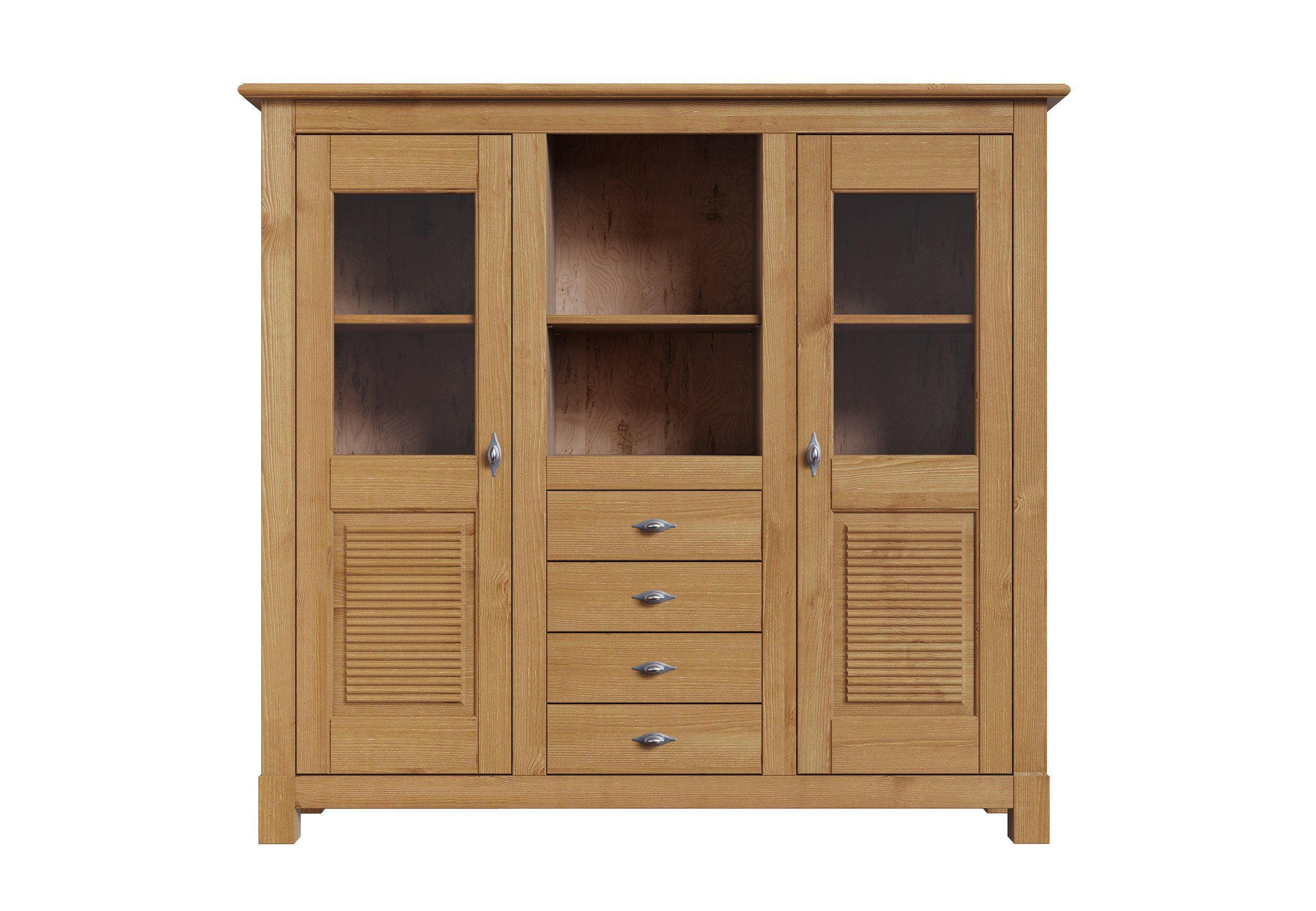 Home affaire Buffetkast Rauna Highboard, massief grenen, deuren met glazen inzetstukken, B/H 146/134 cm