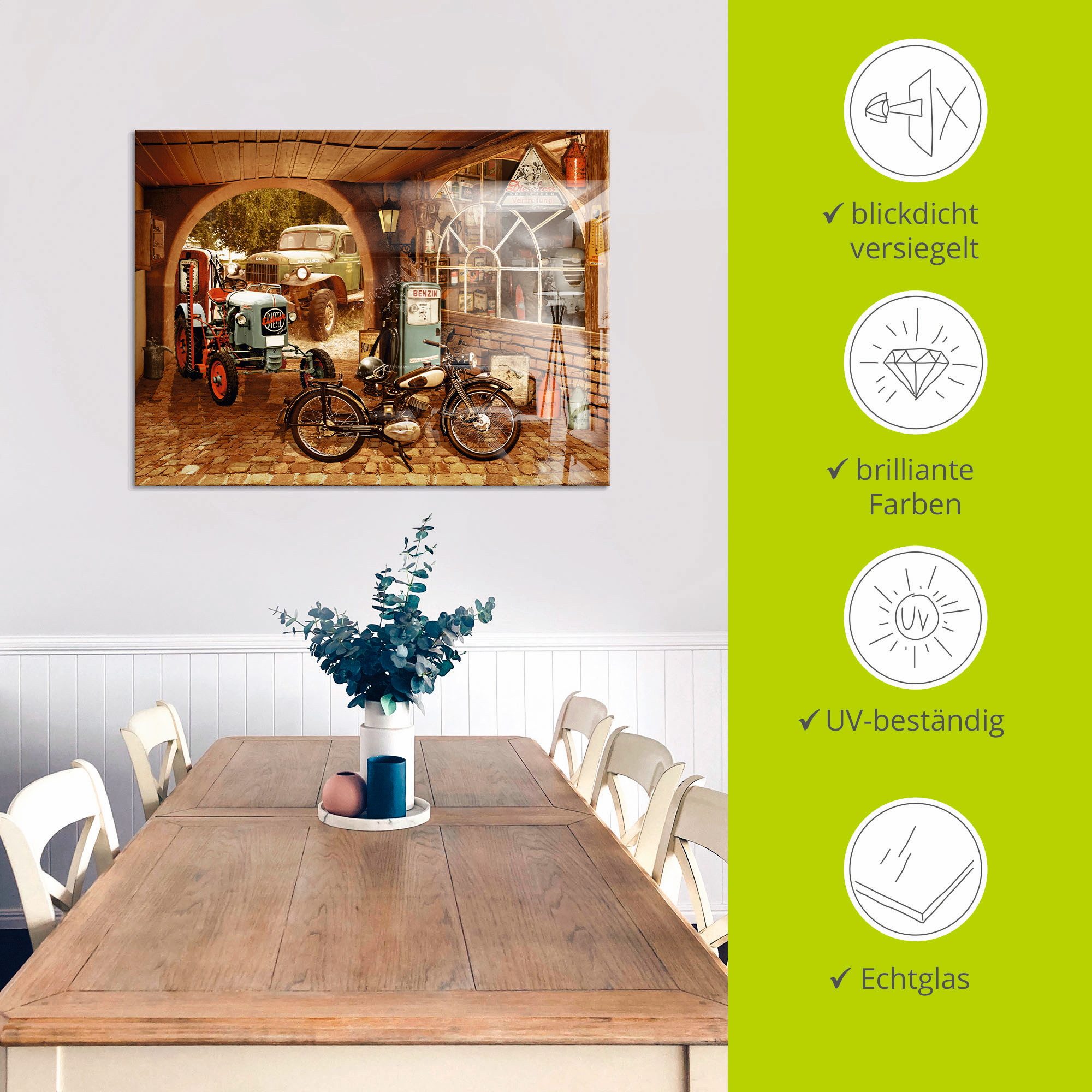Artland Print op glas Werkplaats met tractor en motor