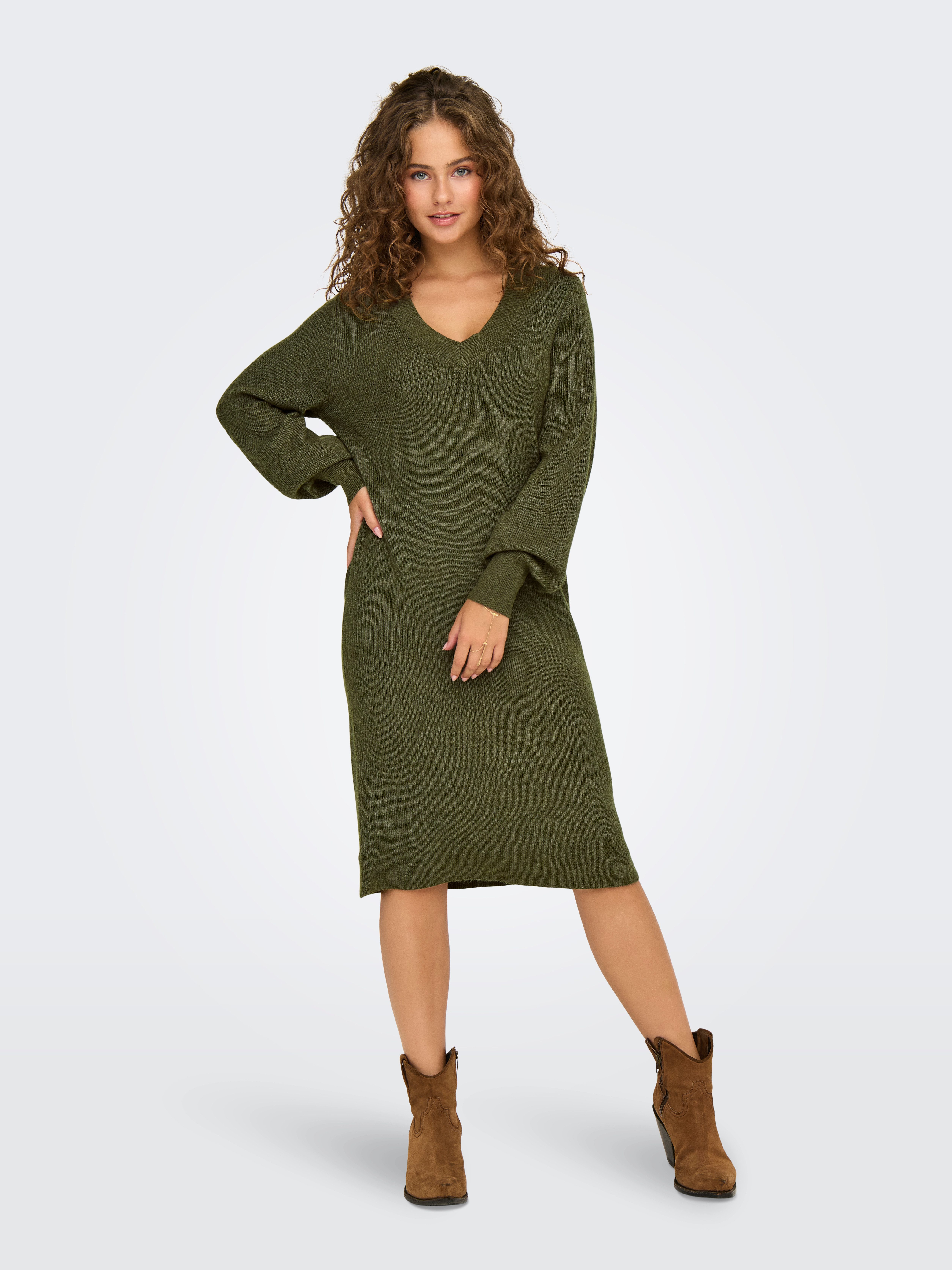 Only Gebreide jurk ONLKATIA LS V-NECK DRESS NCA KNT
