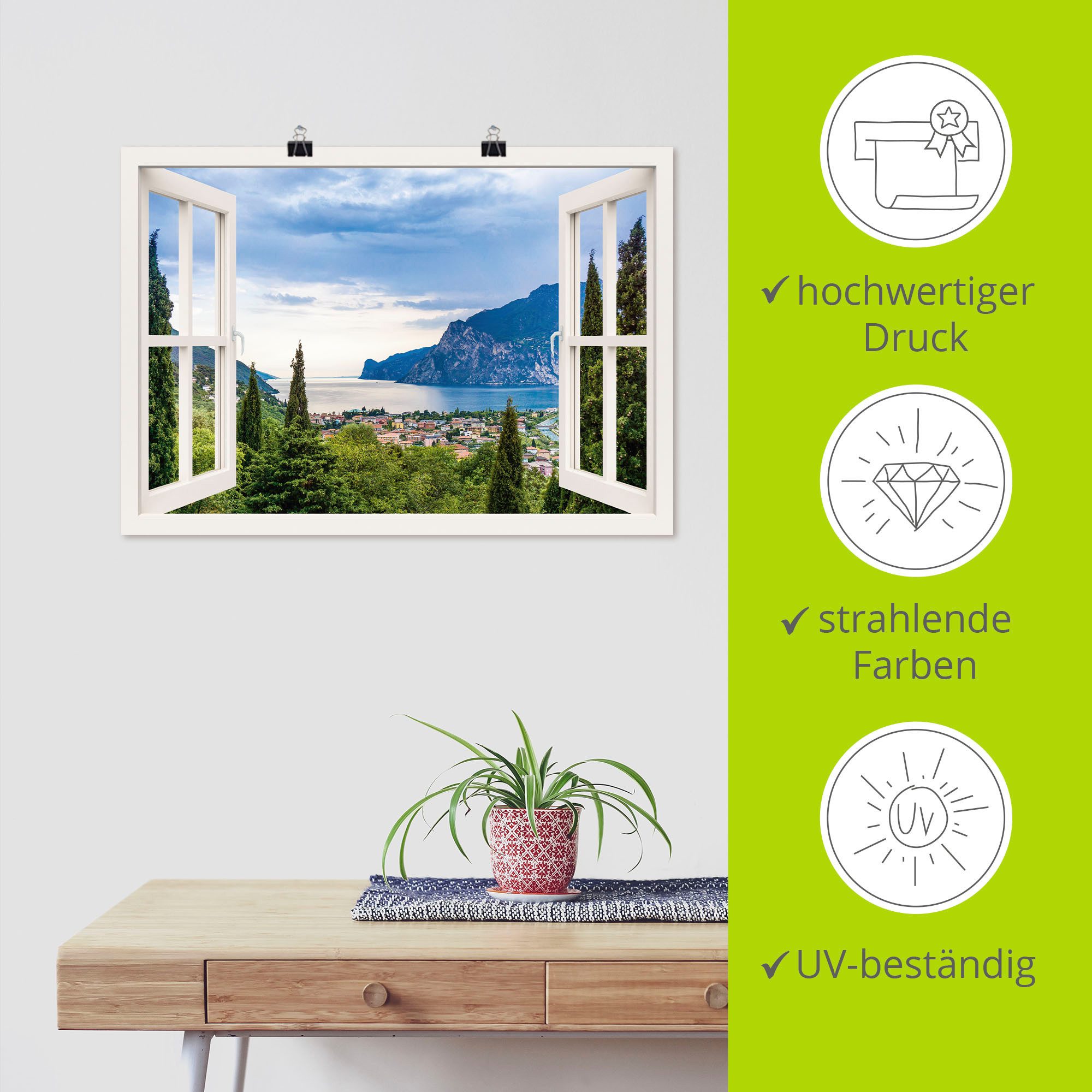 Artland Artprint Gardameer door het witte raam als artprint van aluminium, artprint voor buiten, artprint op linnen, poster, muursticker