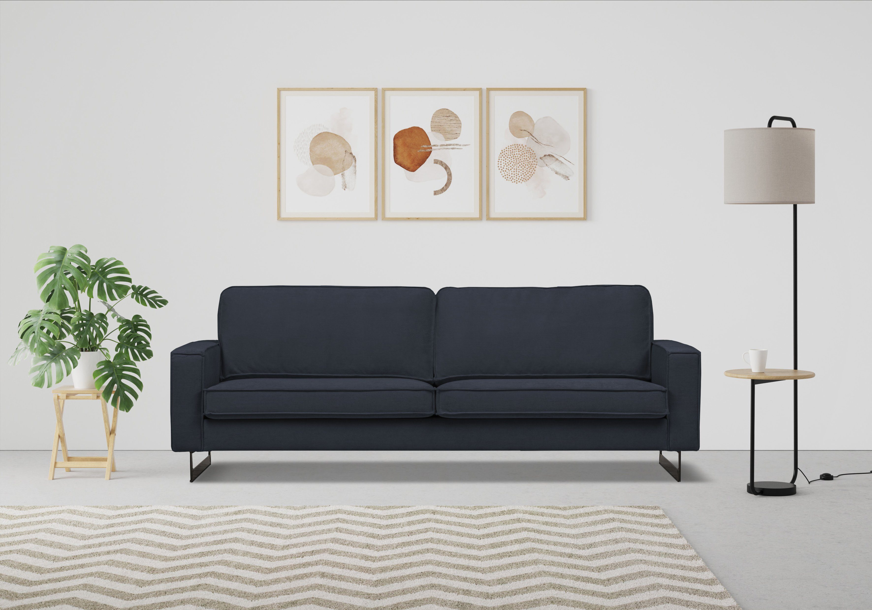 Places of Style 3-zitsbank Pinto, 206 cm, cord, chenille, leerlook met keder, zwarte metalen voeten, golfondersteuning