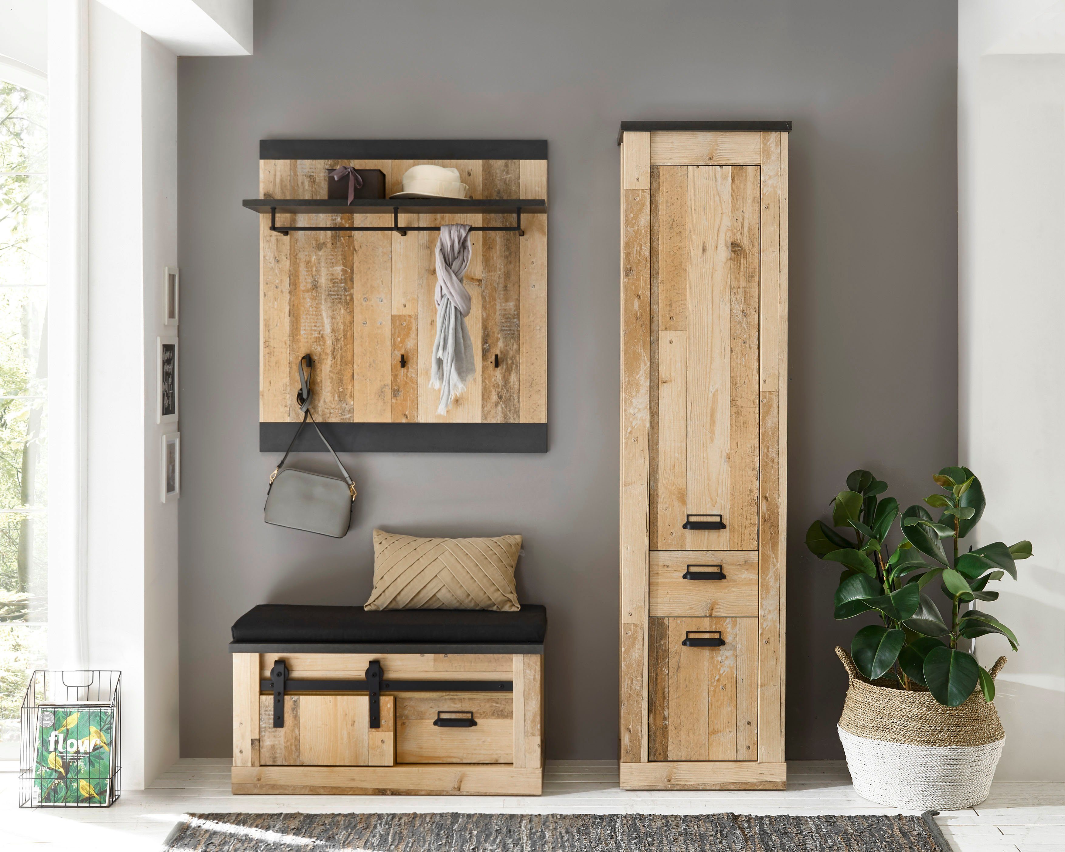 Home affaire Zitbank Sherwood moderne houtdecor, met schuurdeurbeslag van metaal, breedte 93 cm