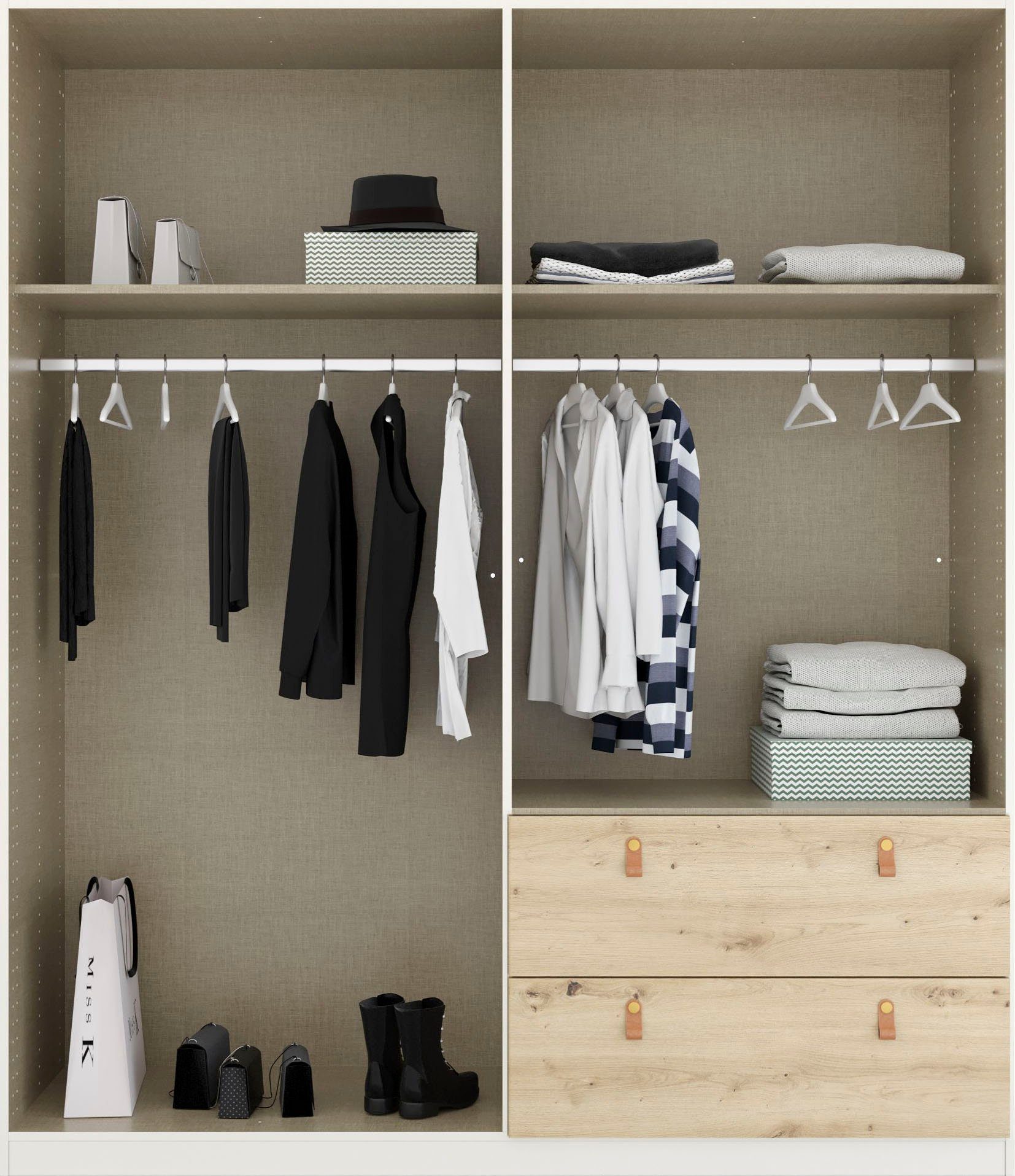 rauch Draaideurkast Homey by Quadra Spin met cognacbruine leren greeplussen, laden in eiken-decor