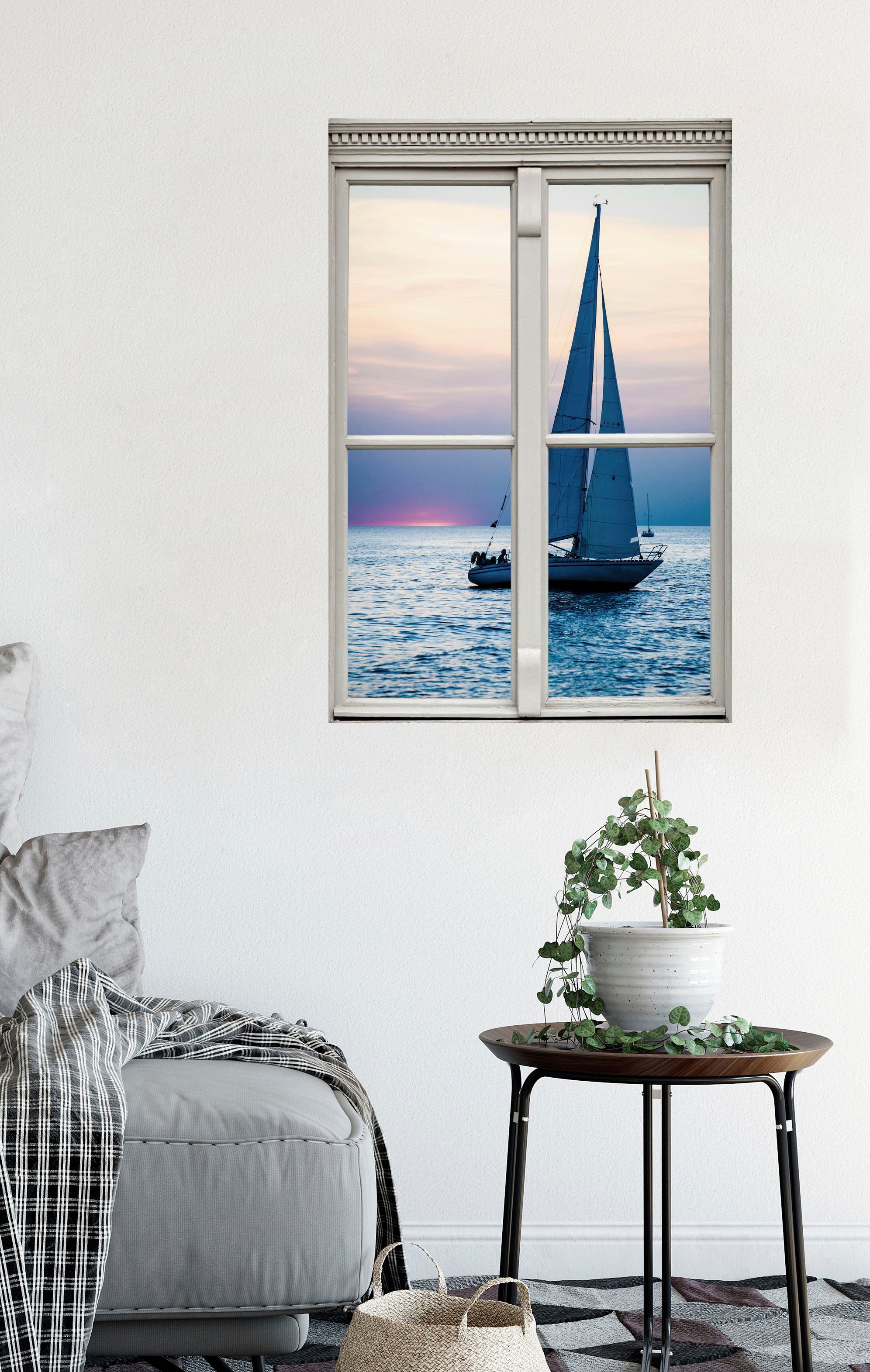 queence Wandfolie Zeilschip Muursticker, muurdecoratie, zelfklevend, 3D, raam