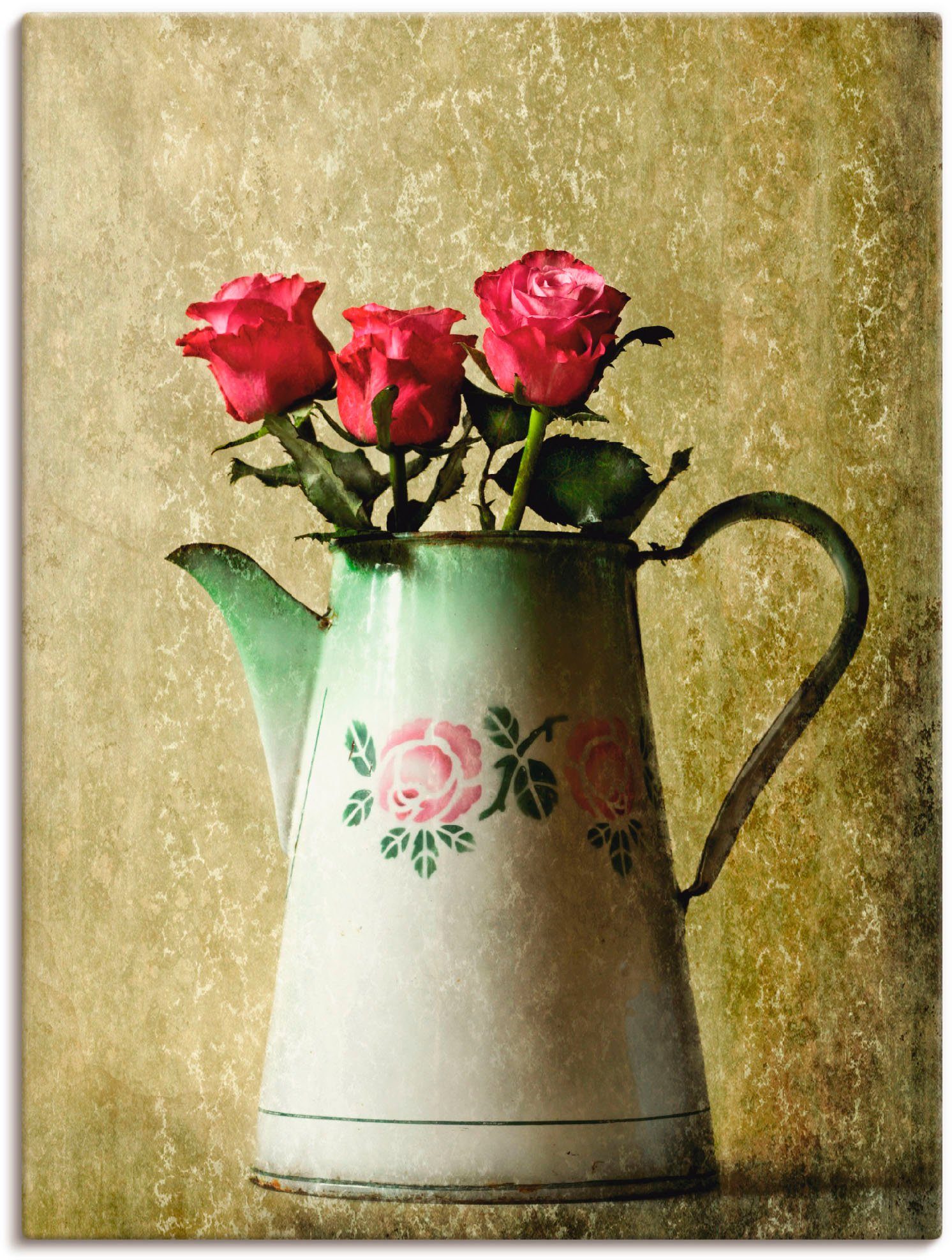 Artland Artprint Drie rozen in een oude kan in vele afmetingen & productsoorten -artprint op linnen, poster, muursticker / wandfolie ook geschikt voor de badkamer (1 stuk)