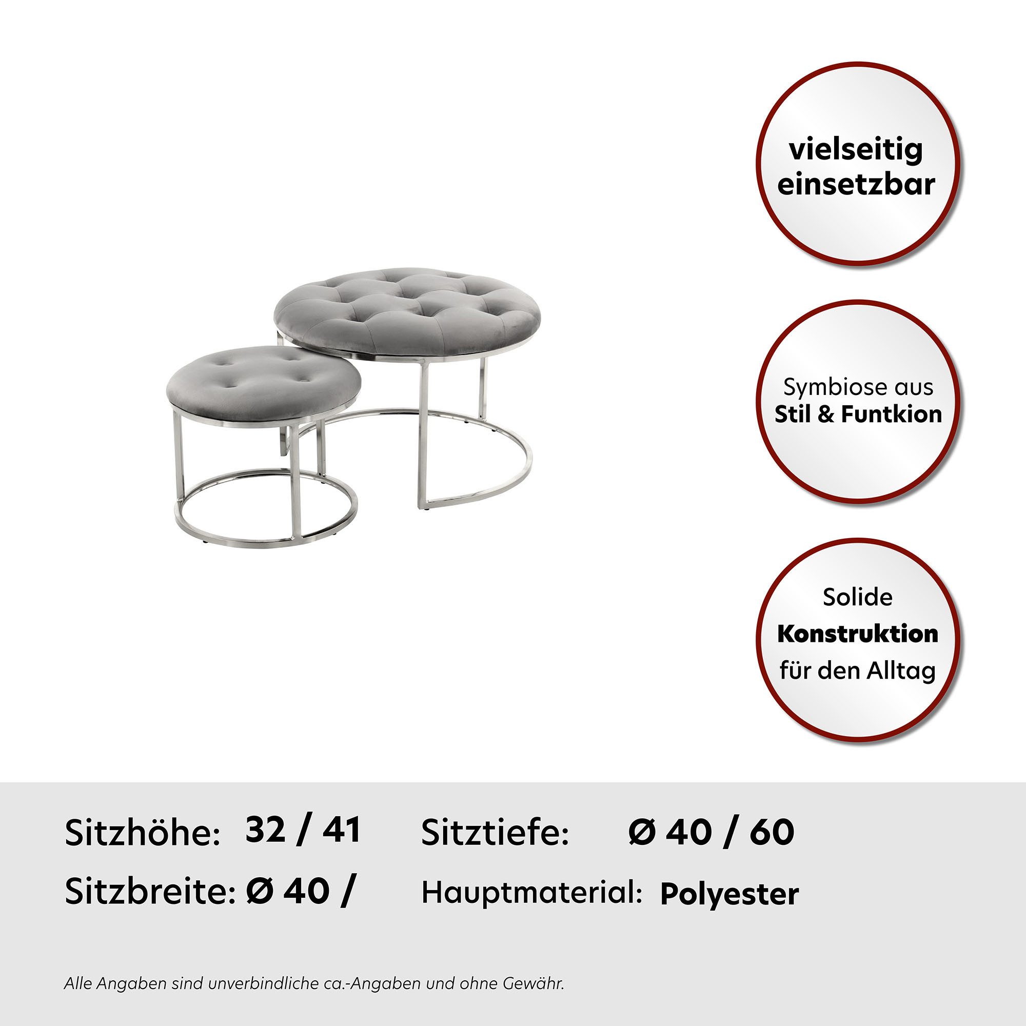 Kayoom Zithocker Kruk Myla 2-delige set, praktisch in elkaar schuifbaar in elkaar schuifbaar, rond, doorgestikt, met sierknopen (set, 2 stuks)
