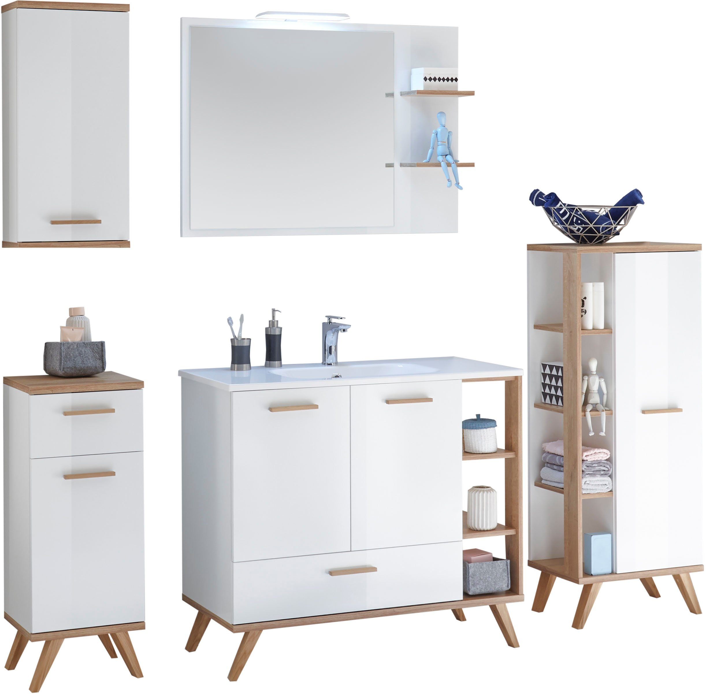 Saphir Badkamerserie Quickset mineraalmarmeren wastafel met led-spiegel, onderkast Hangkast, middelgrote kast, 5 deuren, 2 lades, 7 glazen planken