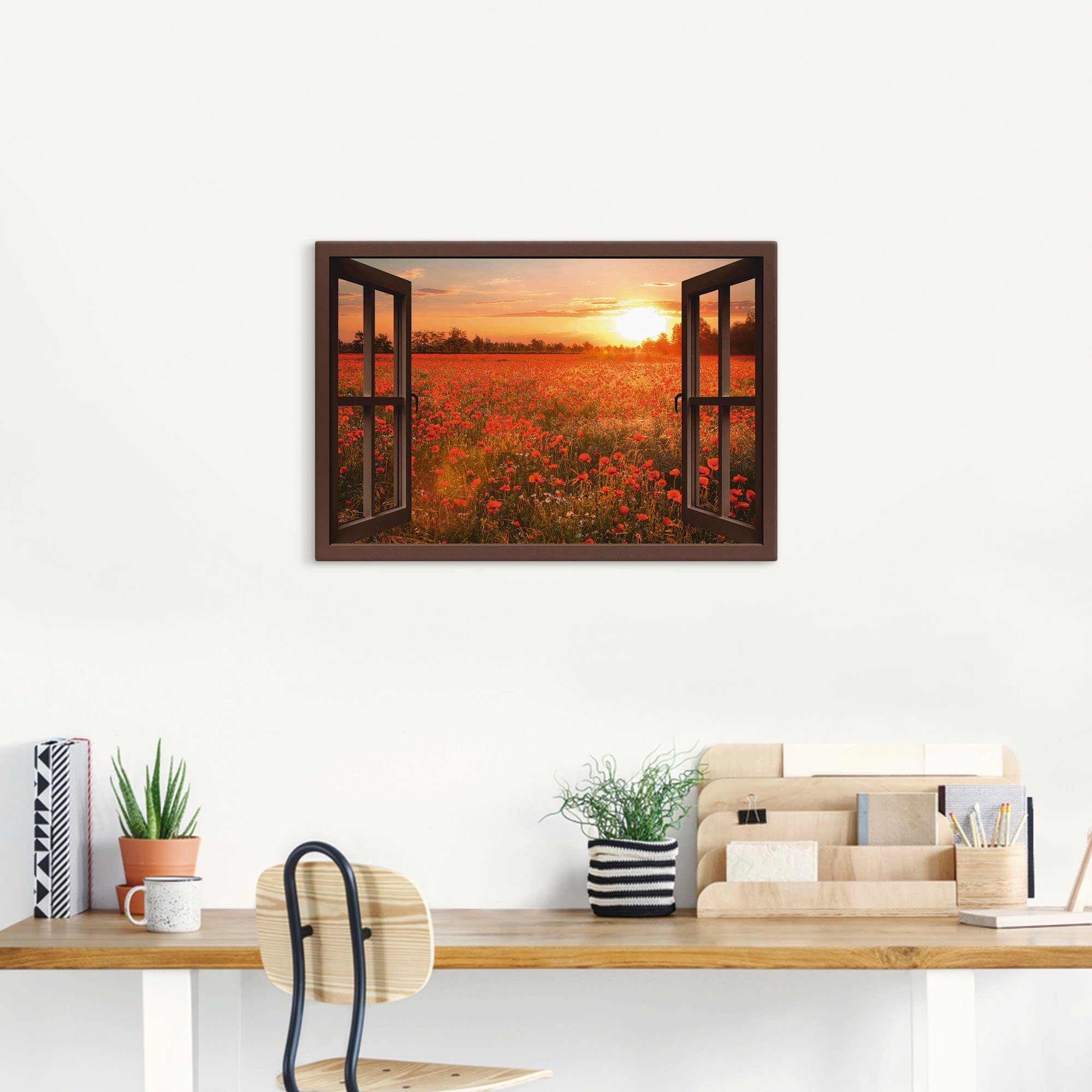 Artland Artprint op linnen Raamzicht - Klaprozenveld - bruin