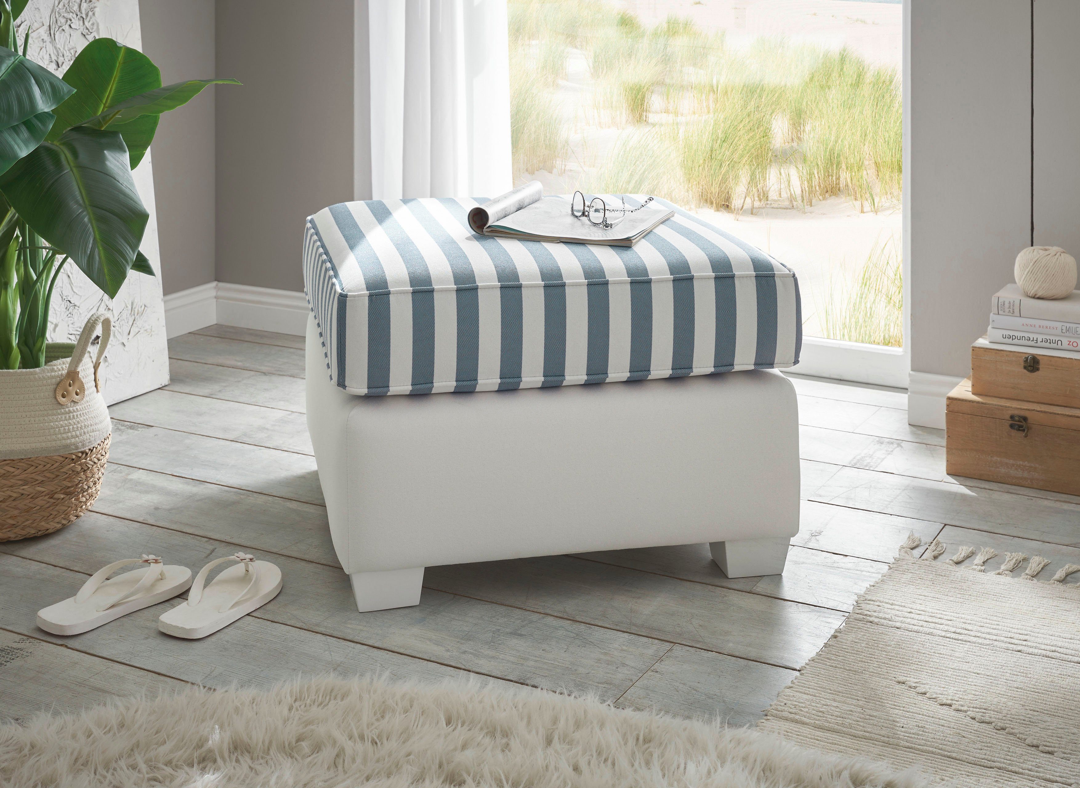 Home affaire Hocker California maritieme landelijke stijl, poef/voetenbank in 2 maten, witgelakte houten poten
