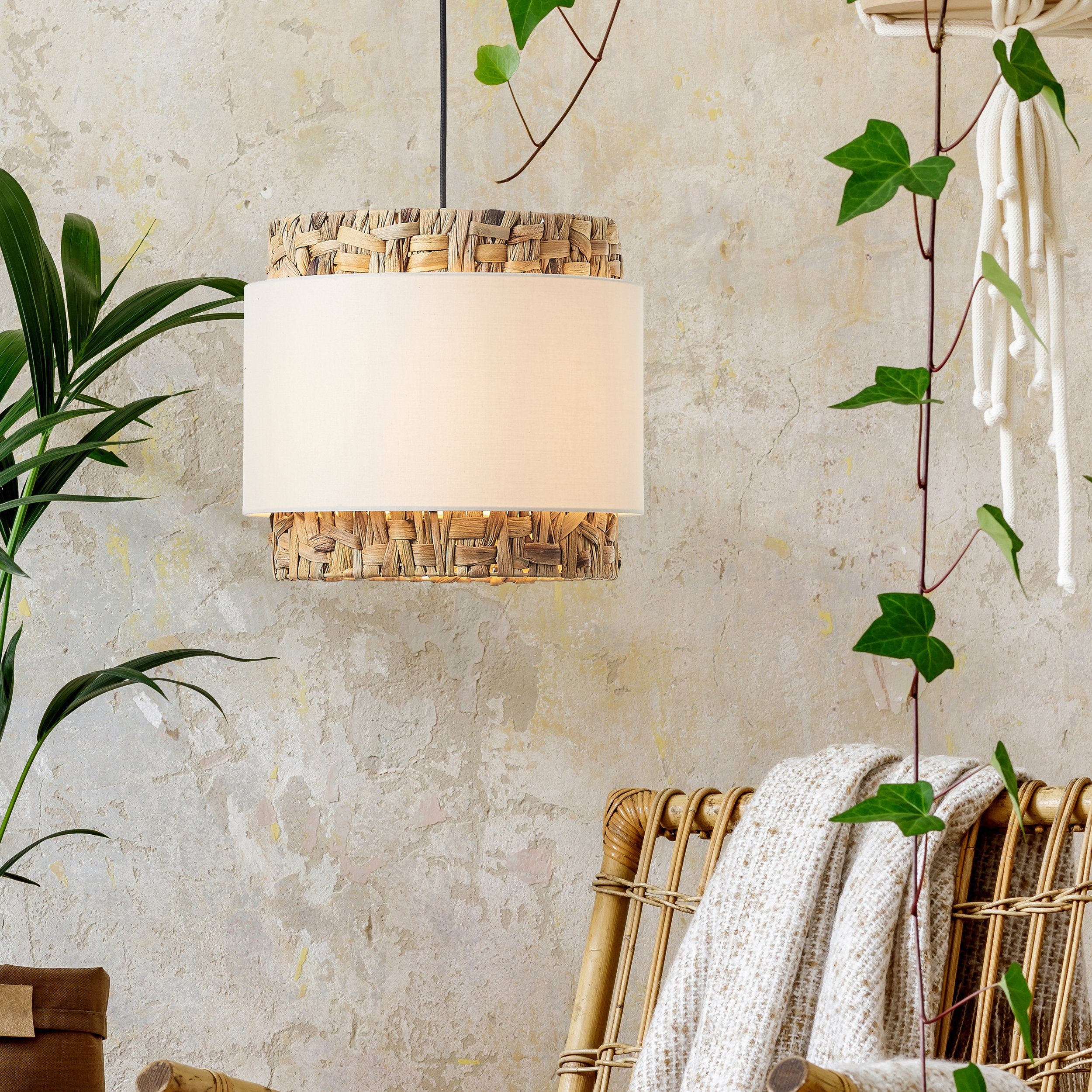 Brilliant Leuchten Hanglamp Waterlilly Hoogte 140 cm, Ø 35 cm, E27, inkortbaar, textiel/waterhyacint