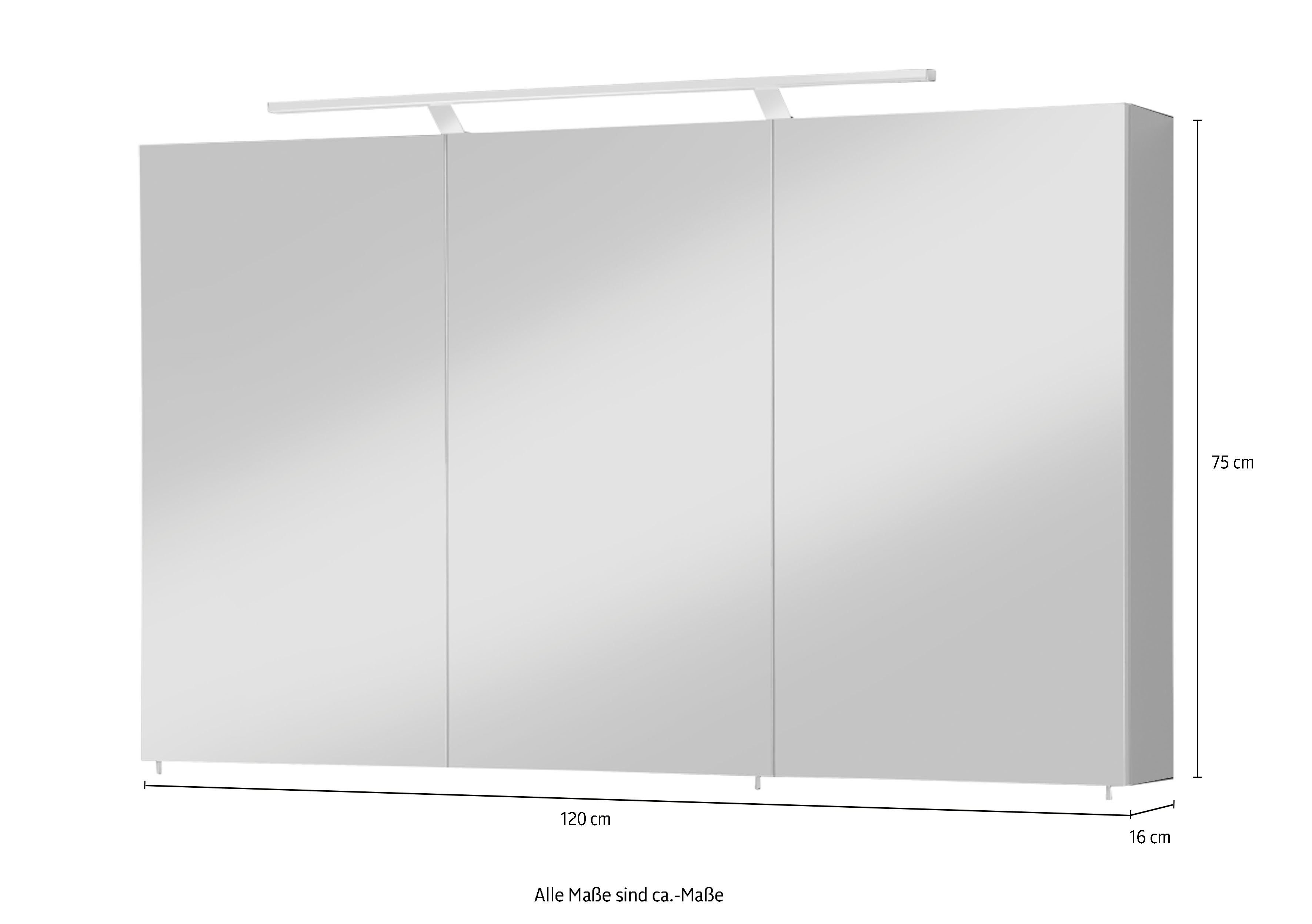 welltime Spiegelkast Torino made in Germany Breedte 120 cm, 3-deurs, ledverlichting, schakelaar-/stekkerdoos