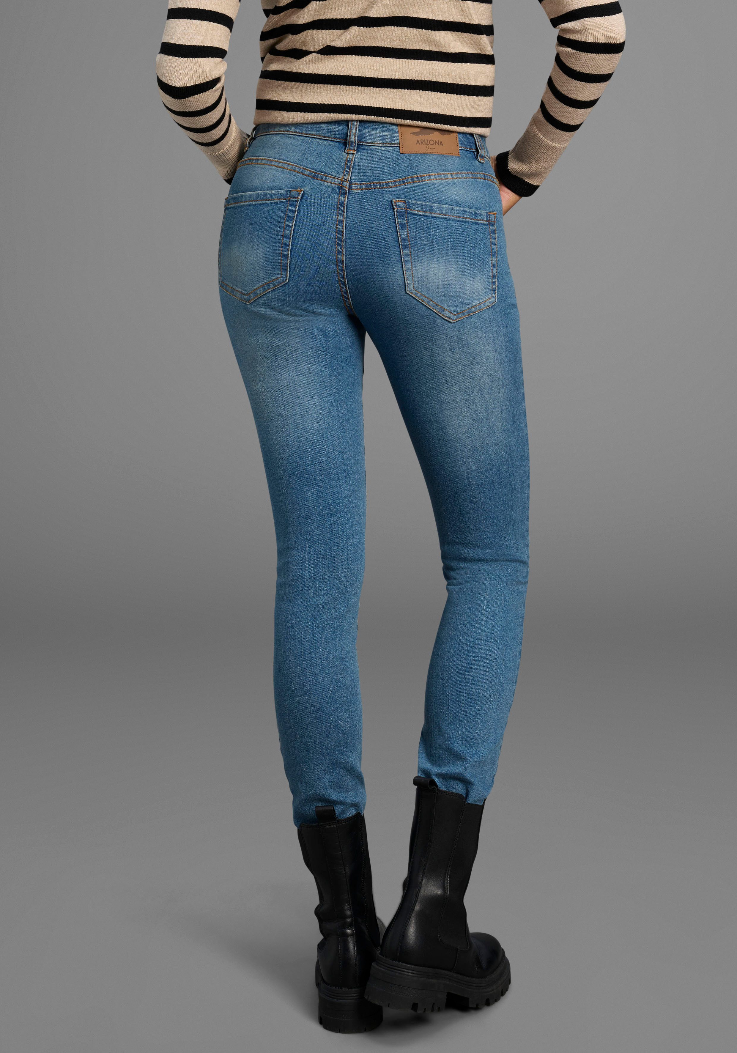 Arizona Slim fit jeans Tailleband met zij-elastiek inzet smalle pasvorm, skinny jeans, used-wassing, hoge taille