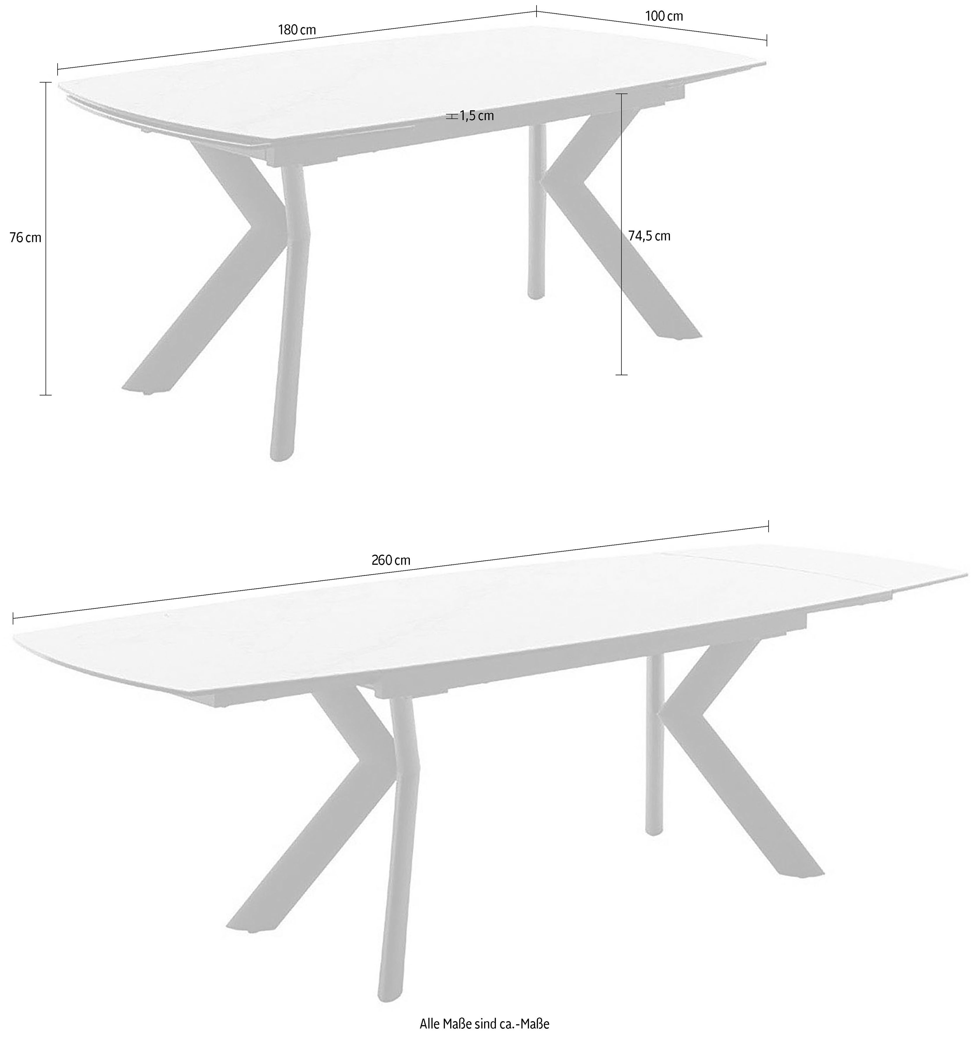 MCA furniture Eettafel OSSANA vierpoot tafel 180-260 cm Keramiek, metaal, eindschuif, uittrekbaar, tafelblad 13 mm, 8-10 personen