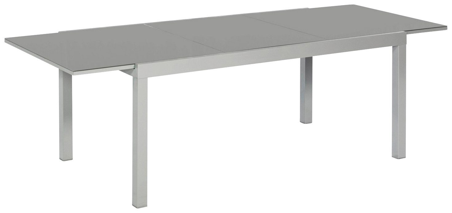 MERXX Tuintafel Uittrektafel BxD: 89,5 x 150/220 cm, zilverkleurig, bovenblad van grijs veiligheidsglas