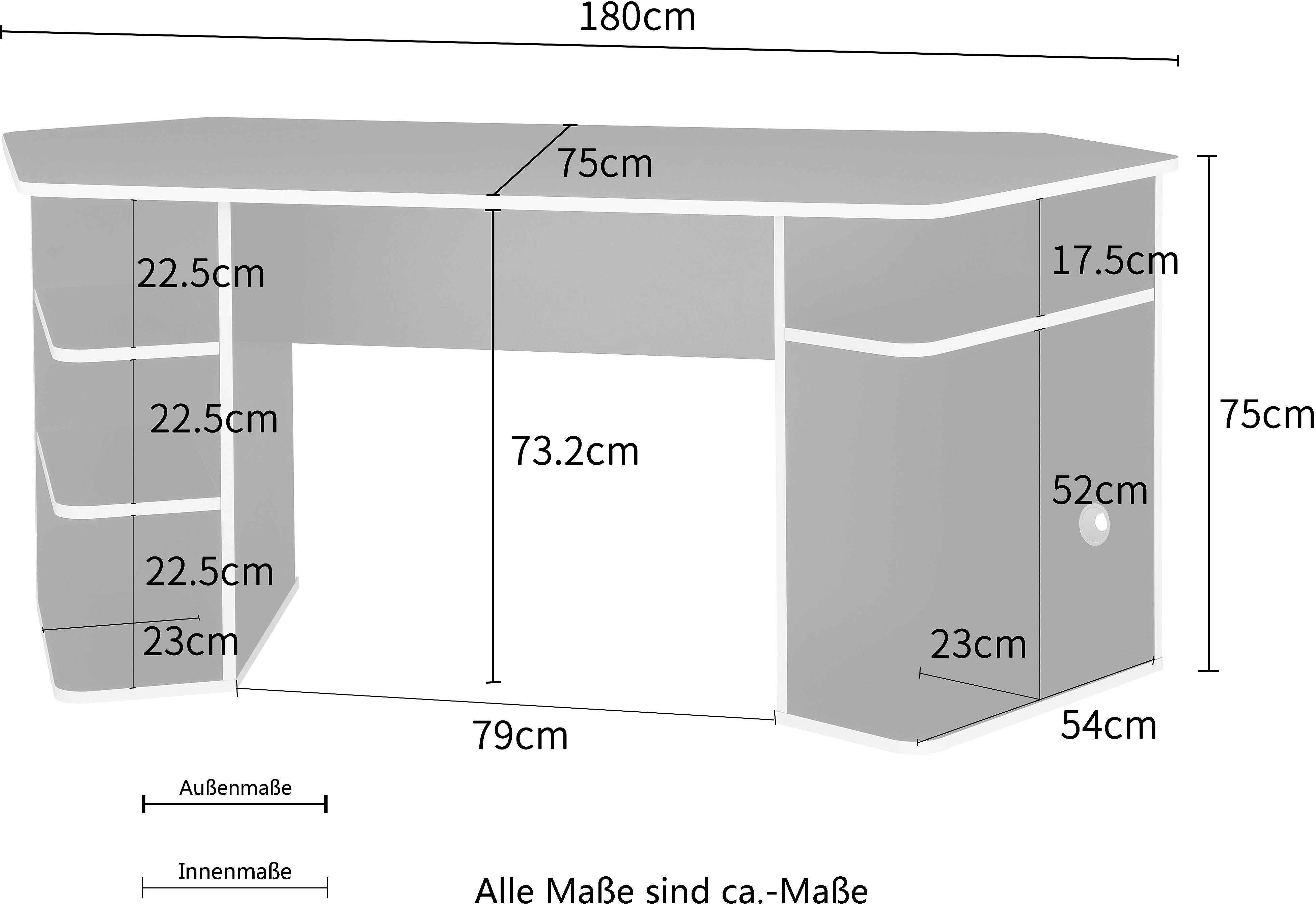 INOSIGN Gamingtafel Game, Computertisch, Hoekbureau , tower-vak, kabeldoorvoer, asymmetrisch ontwerp, breedte 180 cm