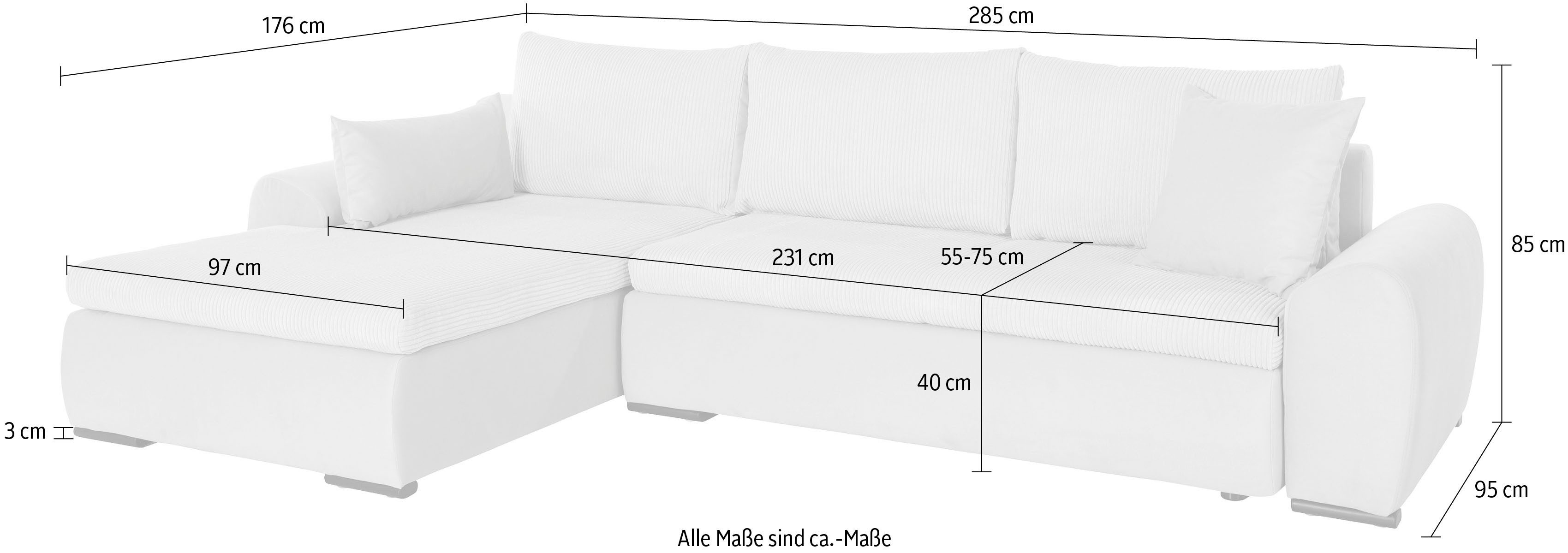 Home affaire Hoekbank Win, L-vorm, breedte 285cm naar keuze met slaapfunctie en bedkist