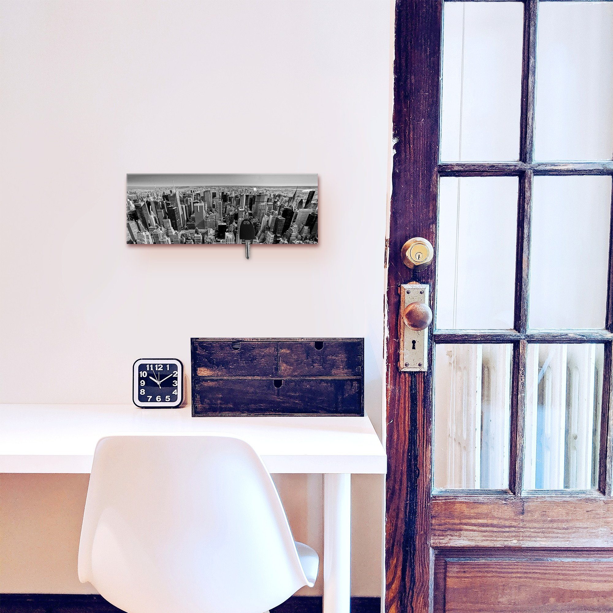 Artland Sleutelbord Luftbild van Manhattan New York City VS van hout met 4 sleutelhaakjes – sleutelbord, sleutelborden, sleutelhouder, sleutelhanger voor de hal – stijl: modern