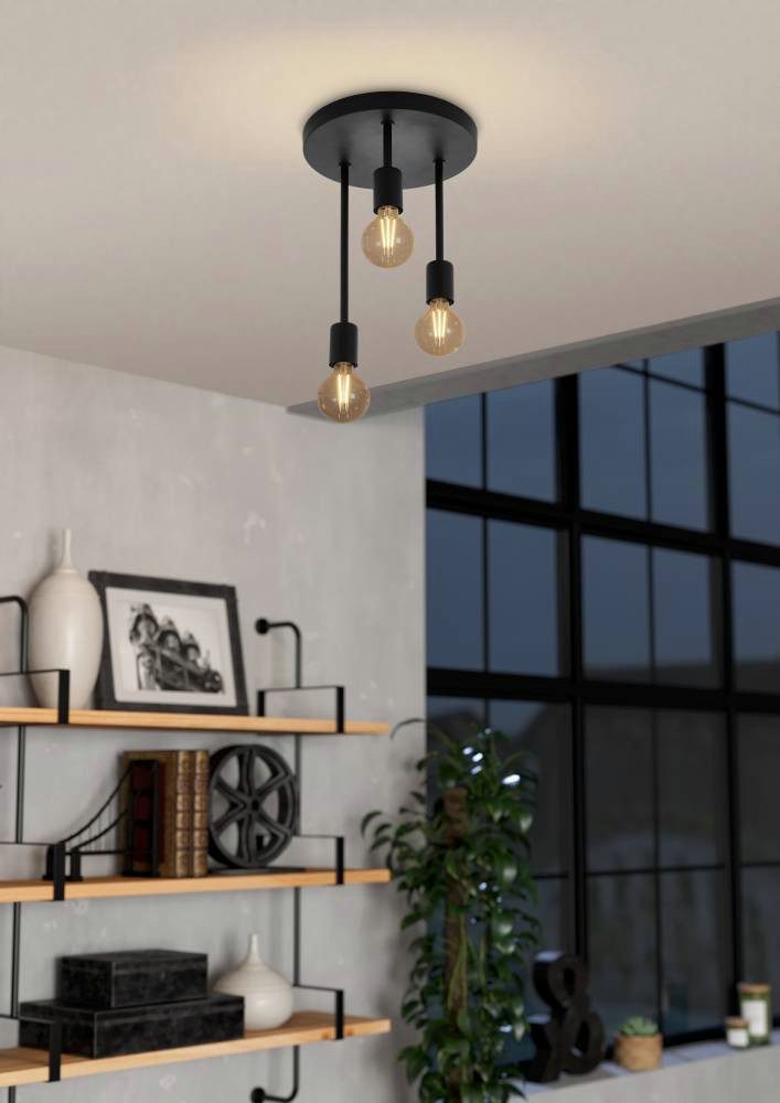 EGLO Plafondlamp WILMCOTE Deckenlampe, E27, Stahl, Wohnzimmerlampe, Industrial, Lampe Plafondlamp, zwart, keukenlamp, ganglamp plafond met E27 fitting (1 stuk)