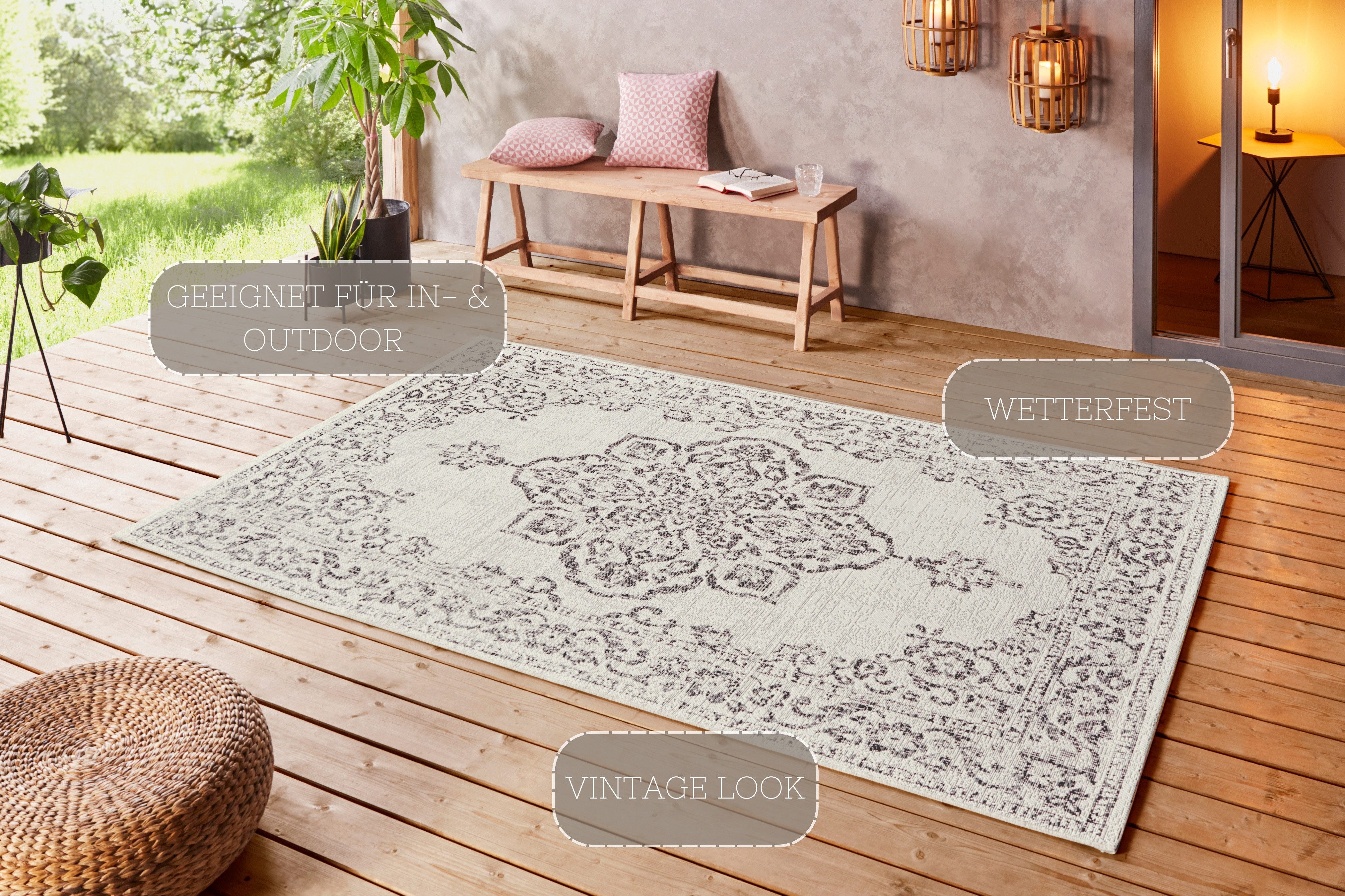 NORTHRUGS Vloerkleed Tilos In- & outdoor, korte pool, oriëntaals, vintage, woonkamer, tuin