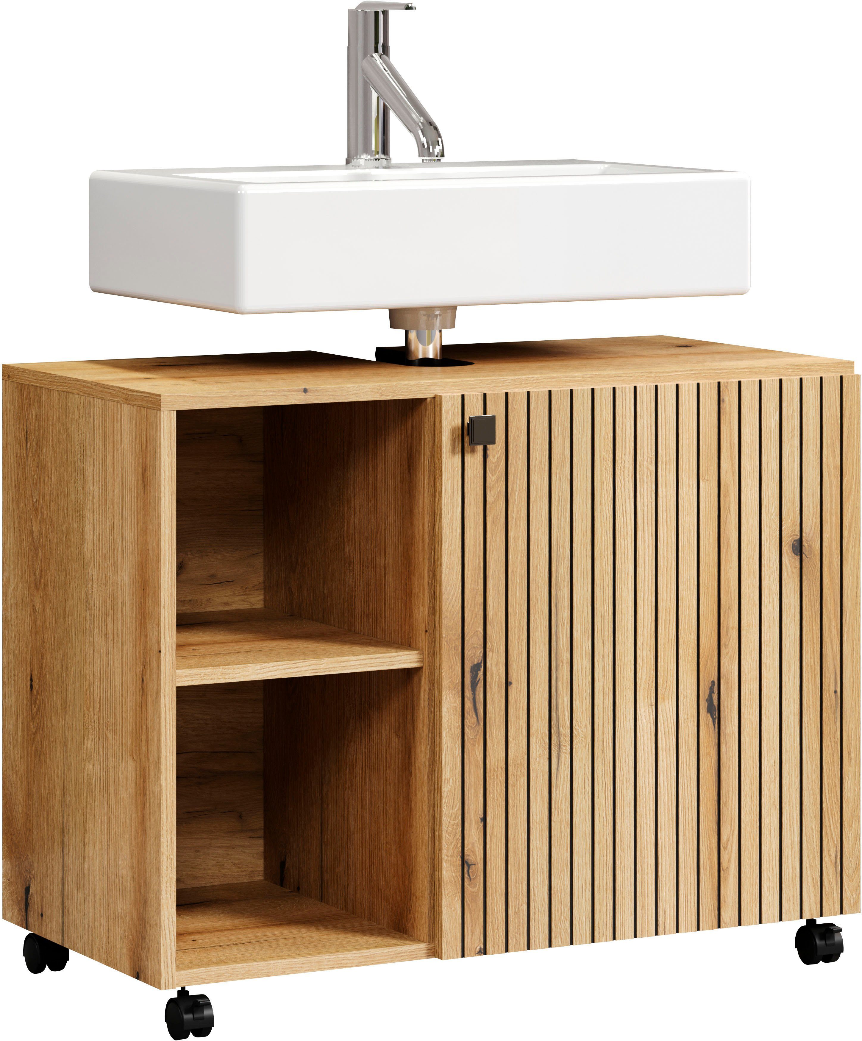 welltime Wastafelonderkast Amrum BxHxD 80 x 64 x 42 cm wastafelonderkast eiken rillen-look (1 stuk)