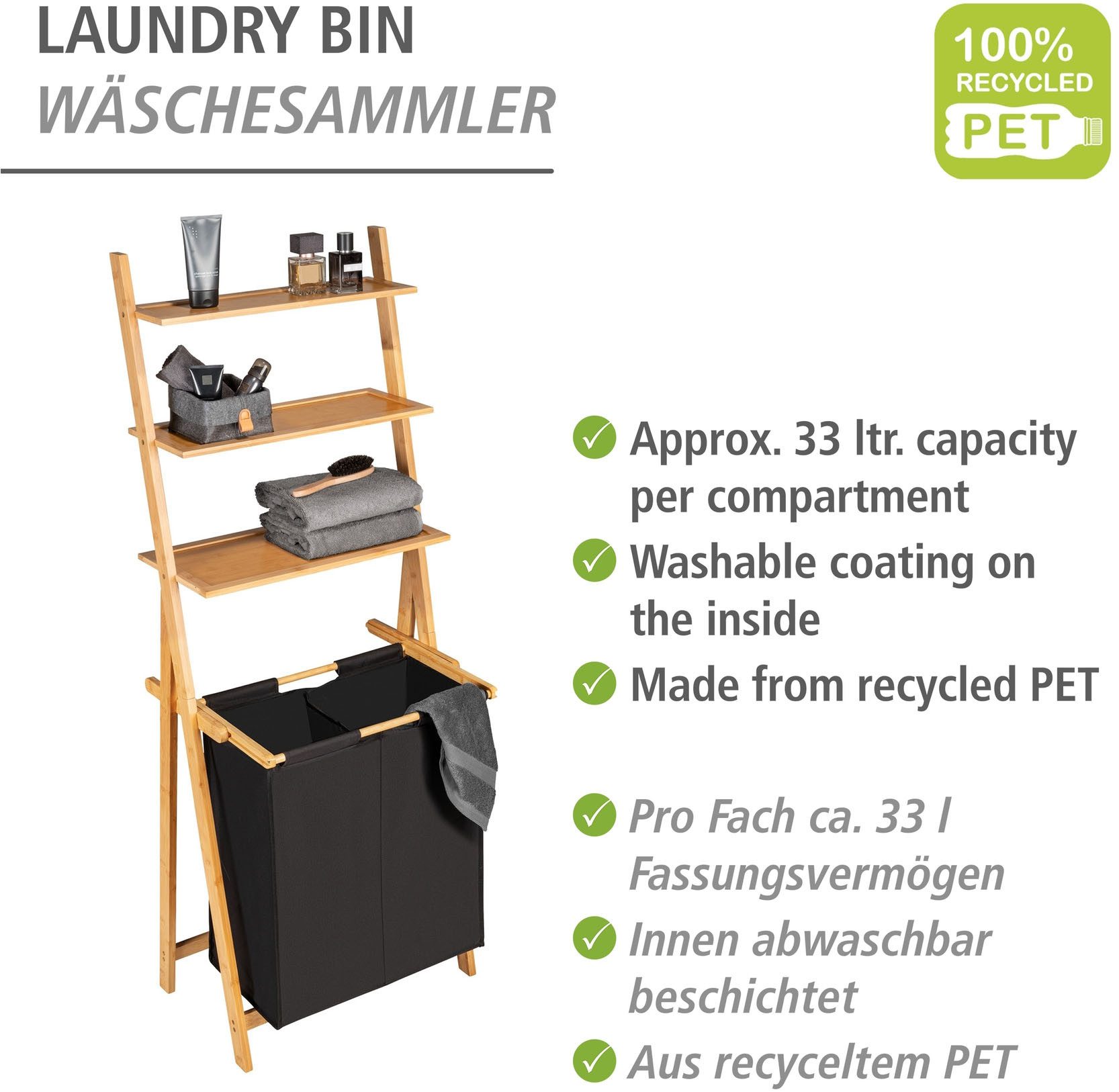 WENKO Wasmand met sorteerfunctie Ladderrek Ecori met wasverzamelaar Frame van bamboe, 3 schappen, textiel van 100% gerecycled polyester