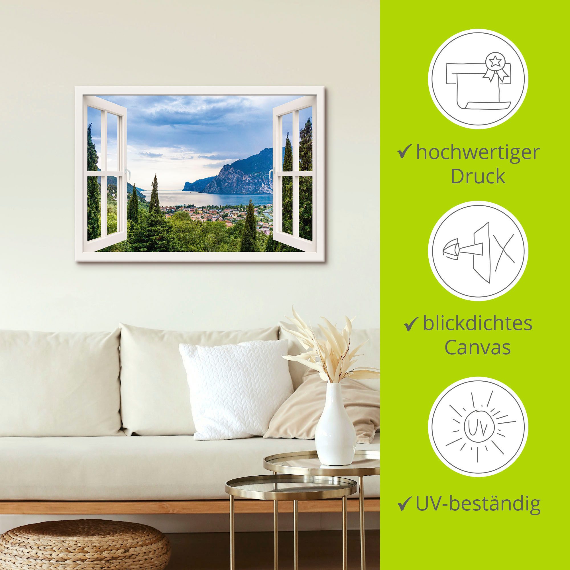 Artland Artprint Gardameer door het witte raam als artprint van aluminium, artprint voor buiten, artprint op linnen, poster, muursticker