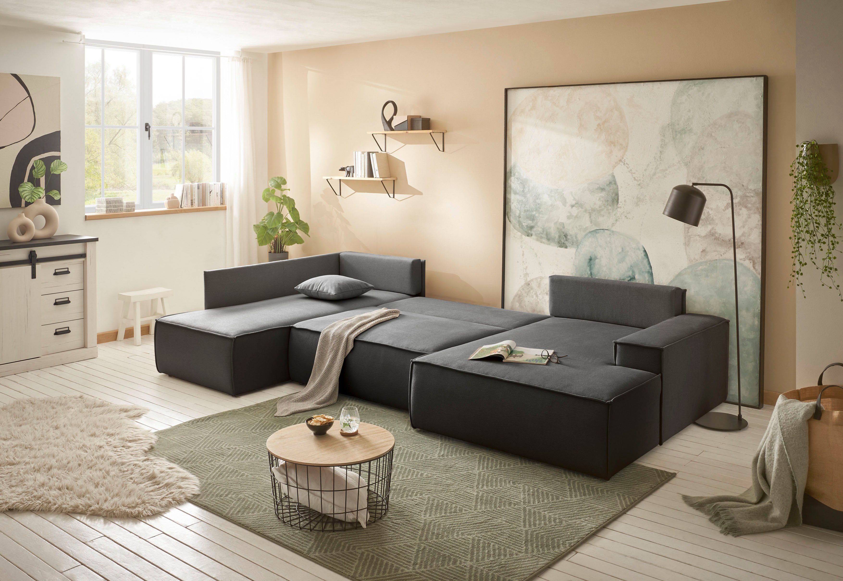 andas Zithoek FINNLEY U-model XXL 329 cm, bedbank, slaapfunctie m. bedkist