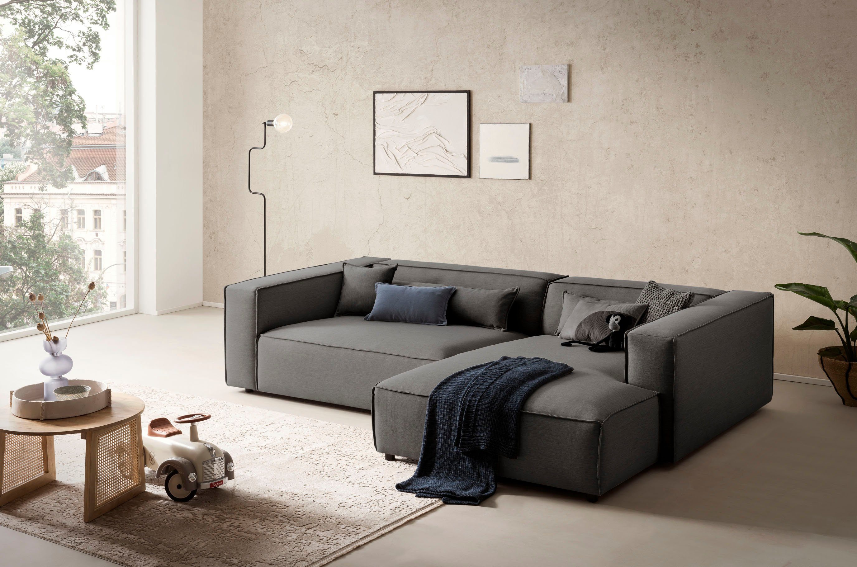 LeGer Home by Lena Gercke Hoekbank PIARA XXL, Big-sofa in cord of linnenlook, L-vorm, met biesnaad
