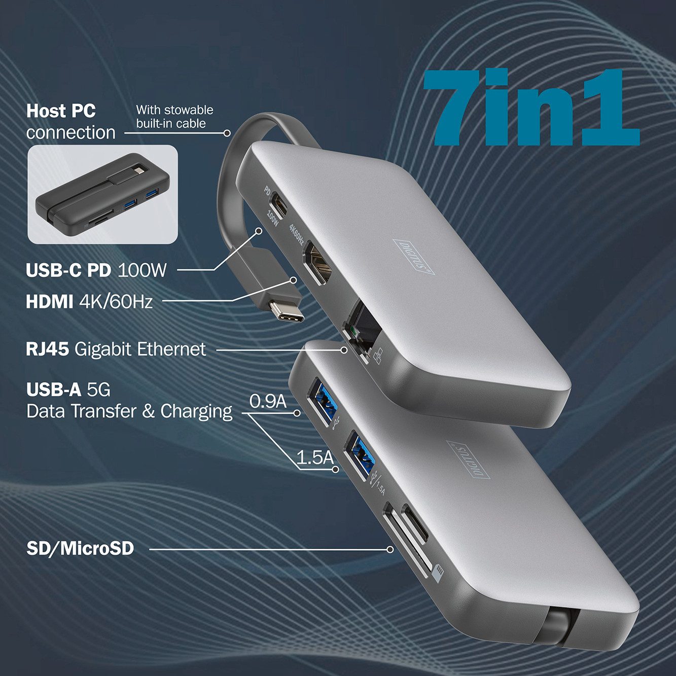 Digitus Laptop-dockingstation USB-C Travel Docking Station, 7-Port, HDMI, USB, RJ45