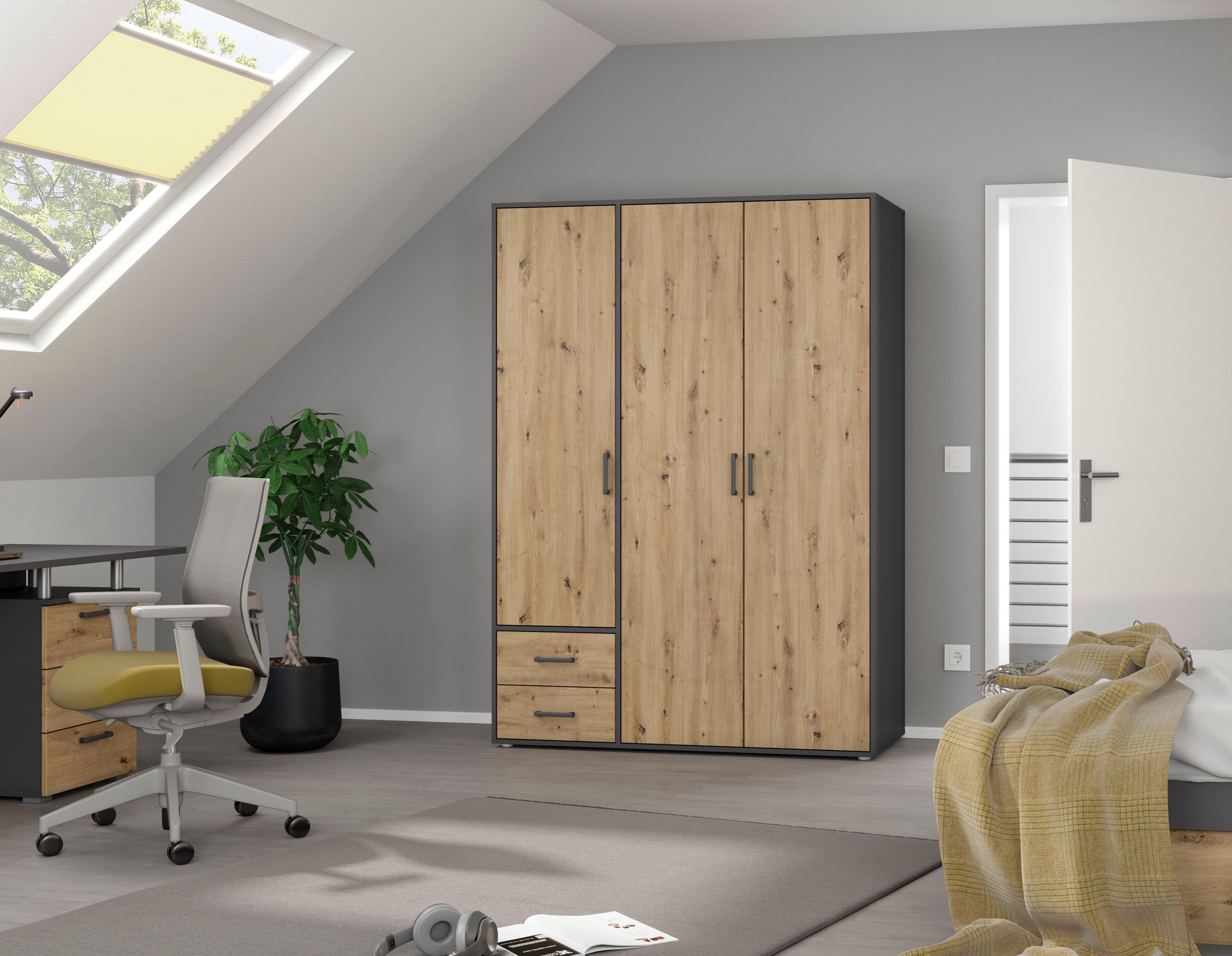 rauch Draaideurkast Kledingkast kast garderobe linnenkast VOYAGER moderne grepen in grijs metallic met buitenlades made in germany