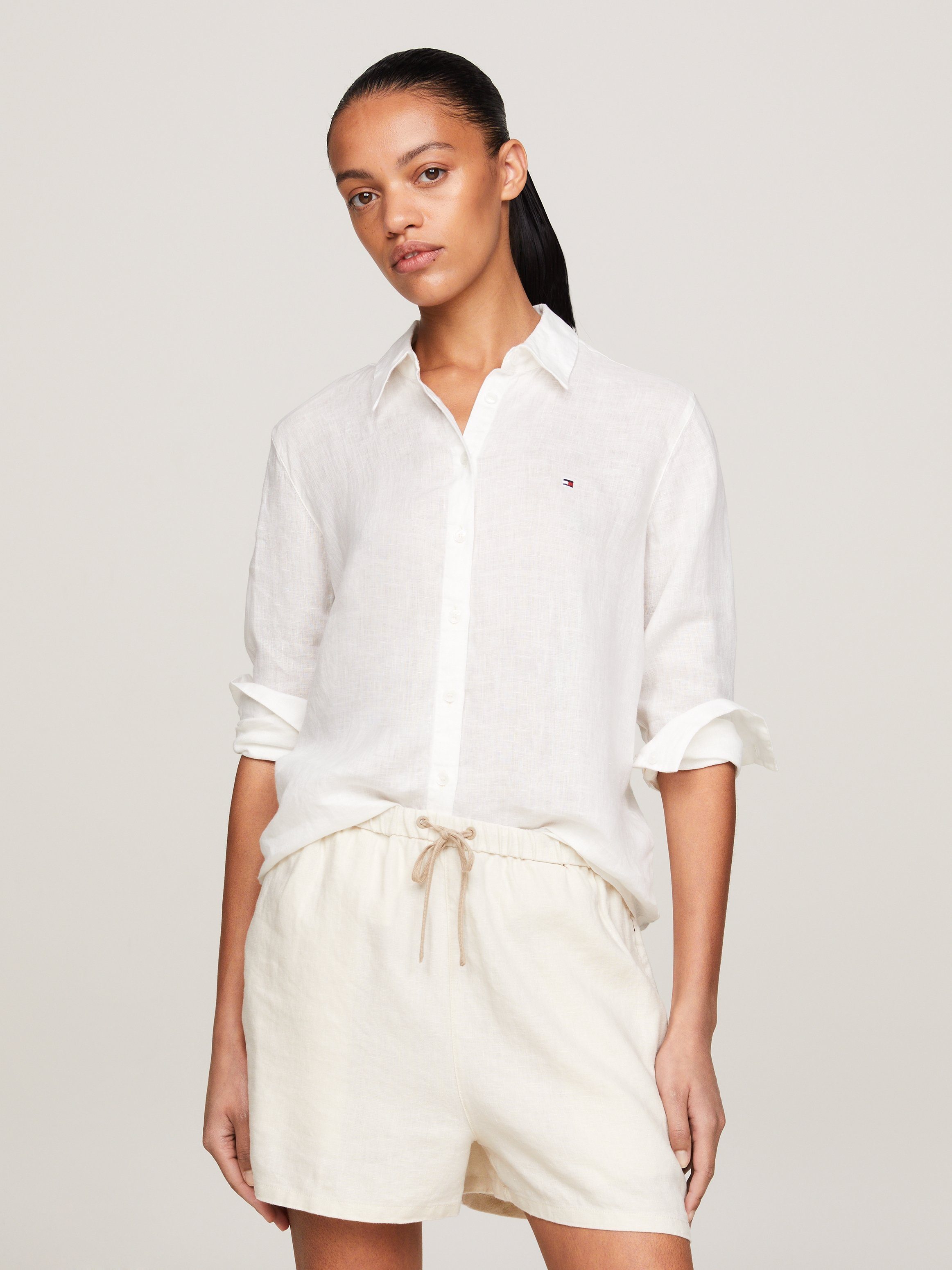 Tommy Hilfiger Overhemdblouse LINEN RELAXED SHIRT LS met logoborduursel op borsthoogte