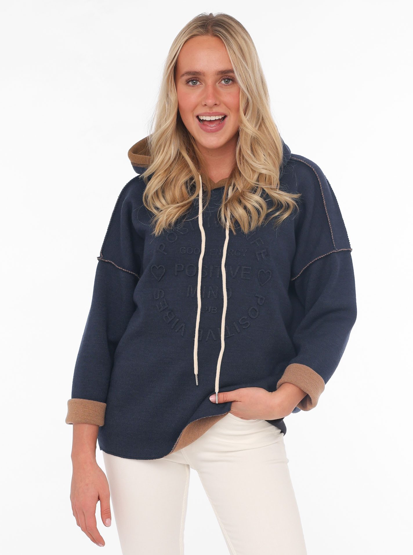 Zwillingsherz Hoodie Positive Mind met capuchon, 3/4 mouw en stempeldruk dames truien met capuchon maat LXL (L/XL) blauw