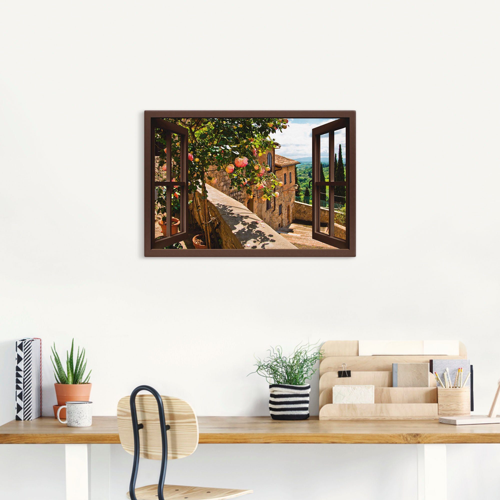 Artland Artprint Blik uit het venster rozen op balkon Toscane als artprint van aluminium, artprint voor buiten, artprint op linnen, poster, muursticker
