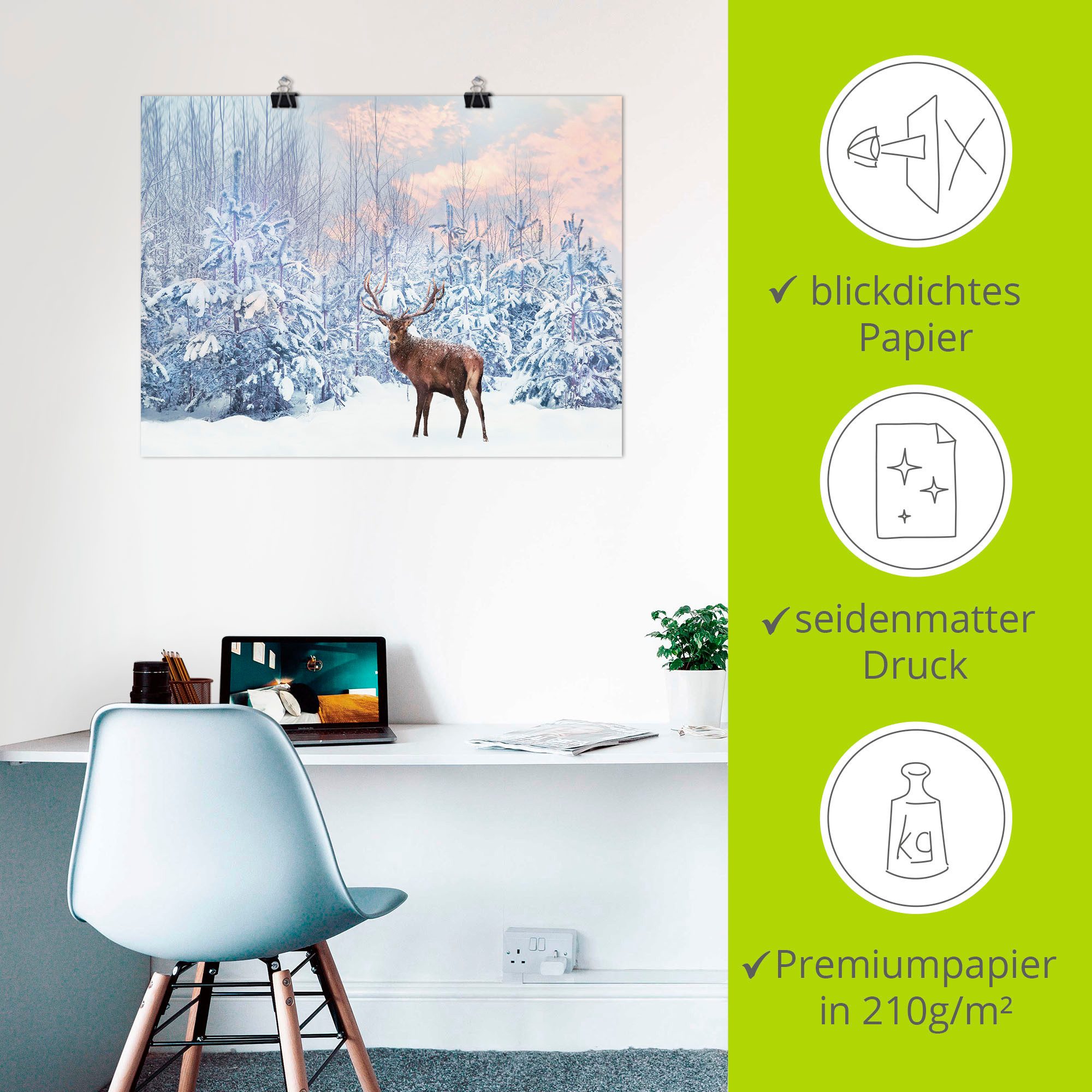 Artland Artprint Edelhert in het winterbos als artprint op linnen, poster in verschillende formaten maten