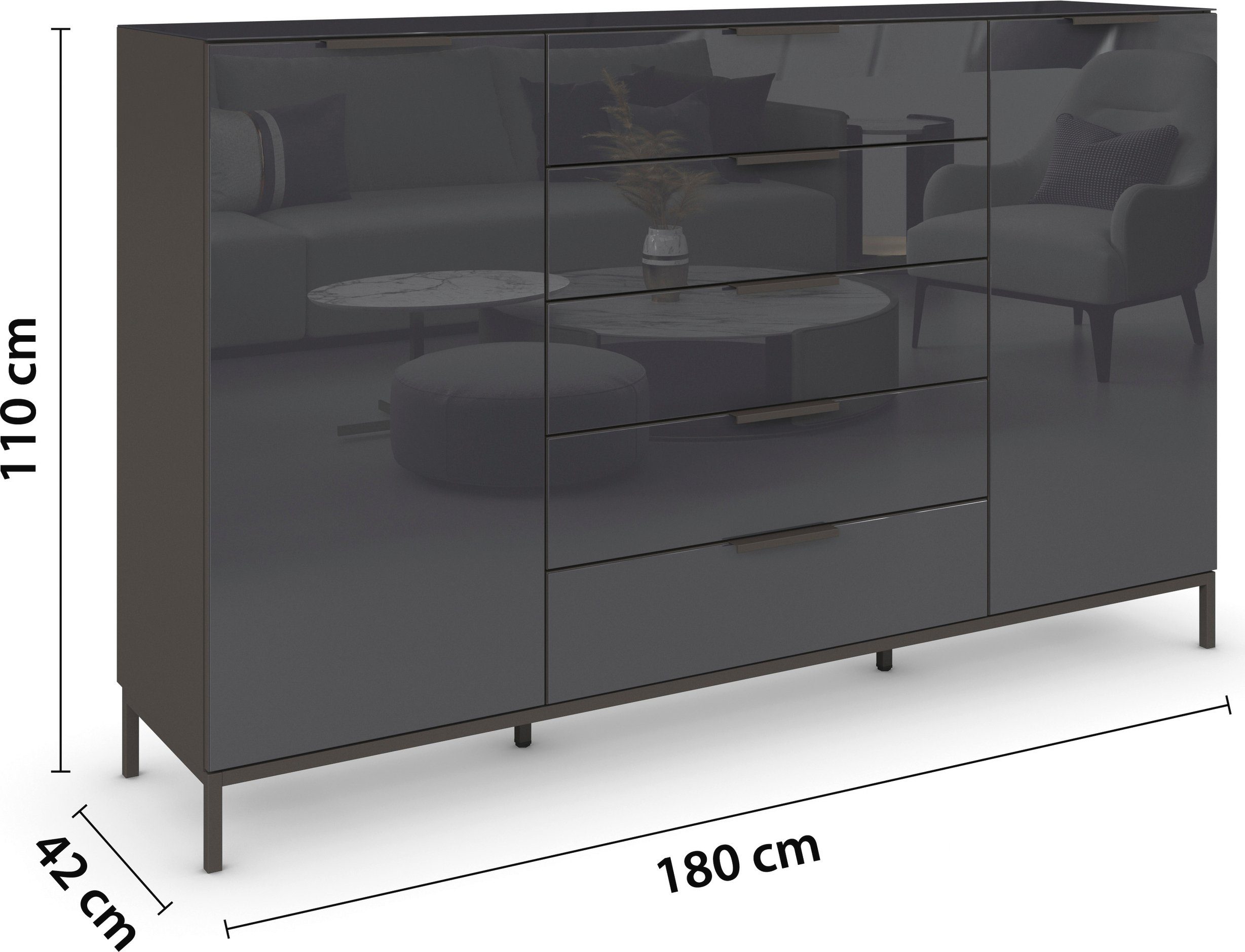 rauch Ladekast Flipp kast sideboard waskast bestseller 2-deurs, 5 laden, soft-close, bovenblad en glazen front, 2 breedtes