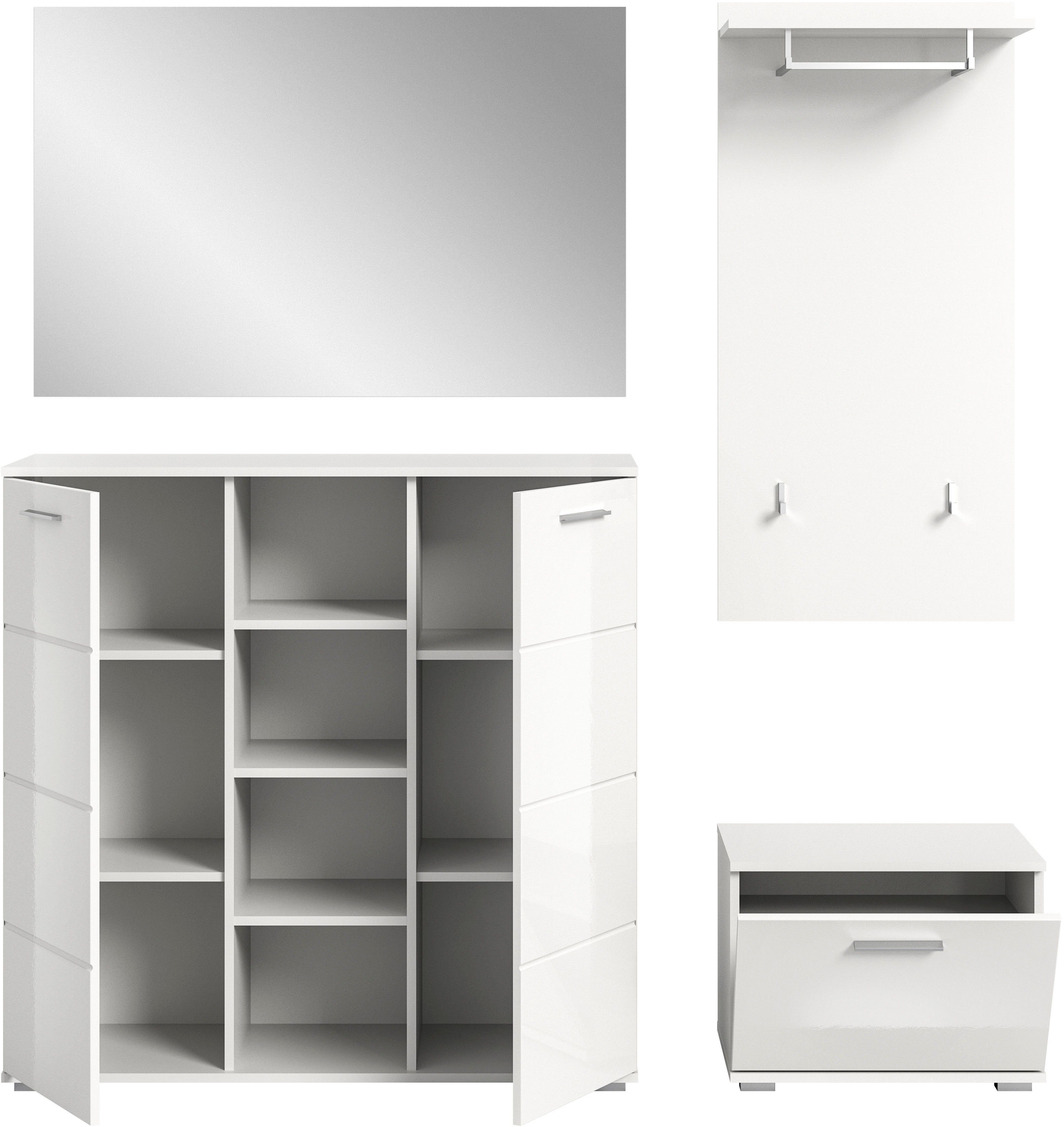 INOSIGN Halmeubelset Valge, Breedte 165 cm, 4-delig Set, bestaande uit: Highboard, garderobespiegel, zitbank en garderobepaneel (4-delig)