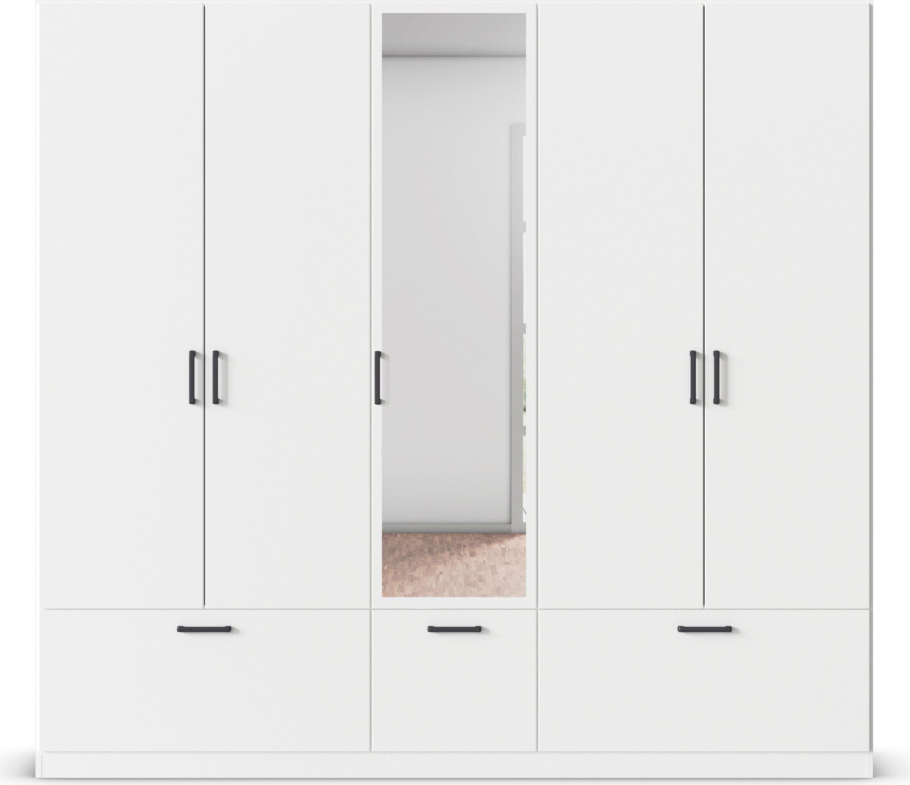 rauch Draaideurkast Kledingkast kast garderobe waskast BARI met spiegel met lades en moderne greep in grijs metallic made in germany