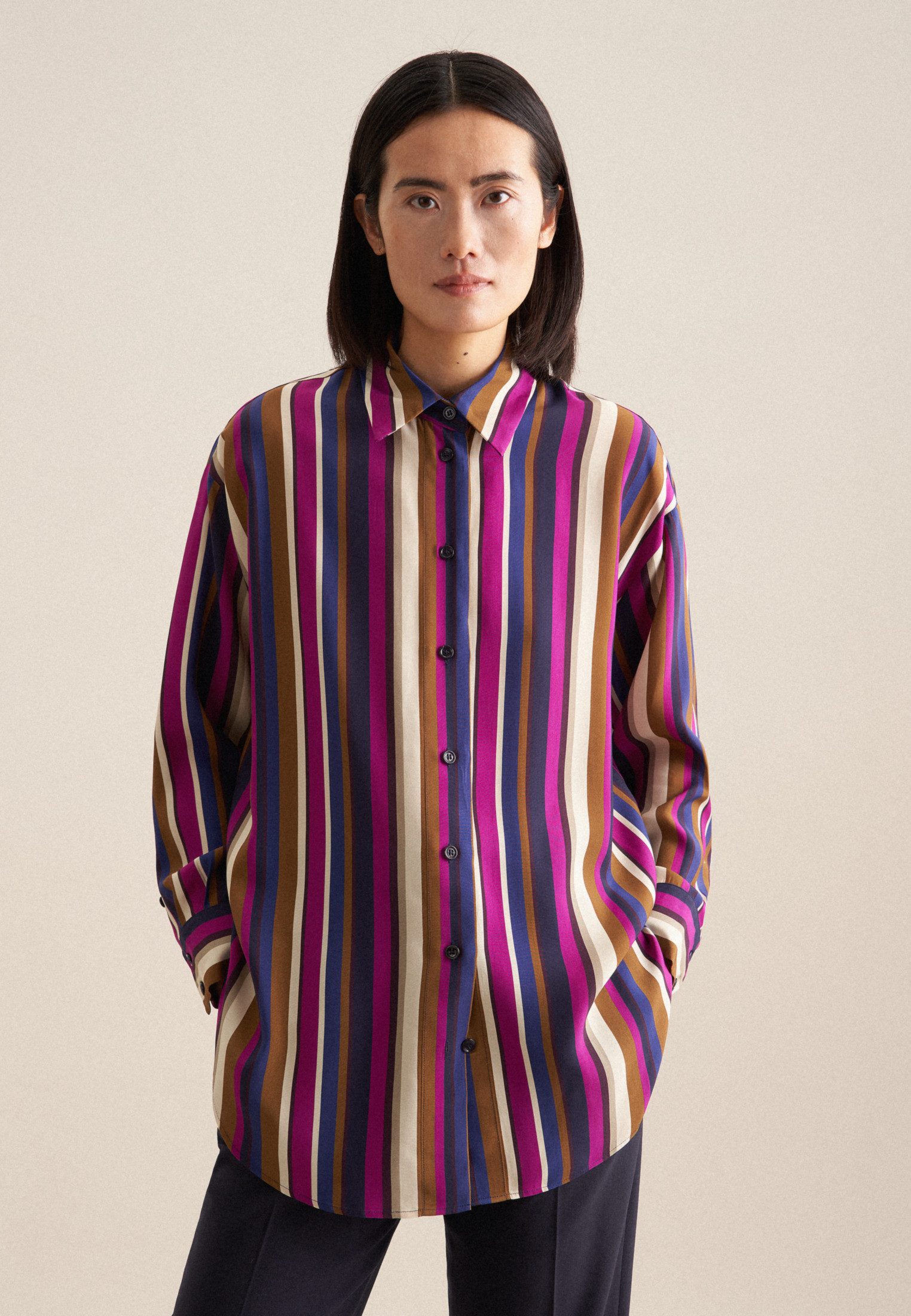 seidensticker Lange blouse Zwarte roos Lange mouwen kraag print dames lange blouses maat M (38) blauw