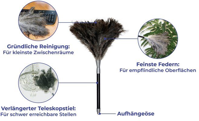 Maximex Plumeau Struisvogelveer Stof-Magneet met verlengde telescopische steel en stof-magneet, zwart