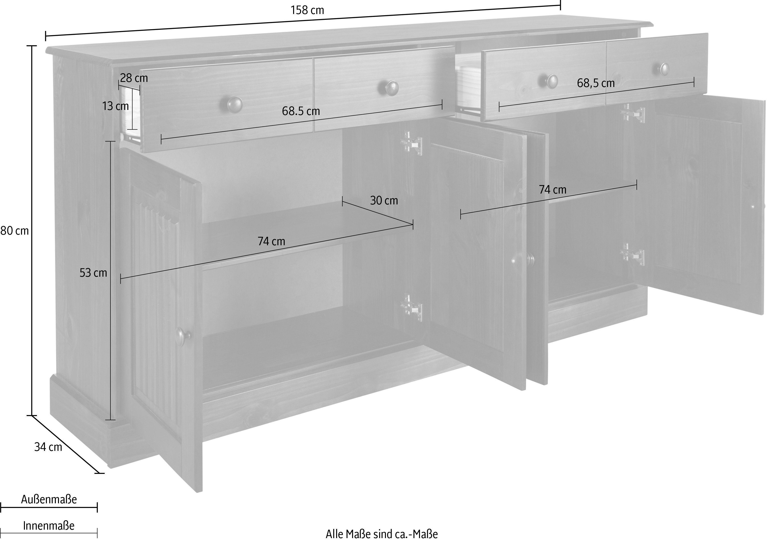 Home affaire Dressoir Liotta met 2 laden en 2 verstelbare planken, massief grenen