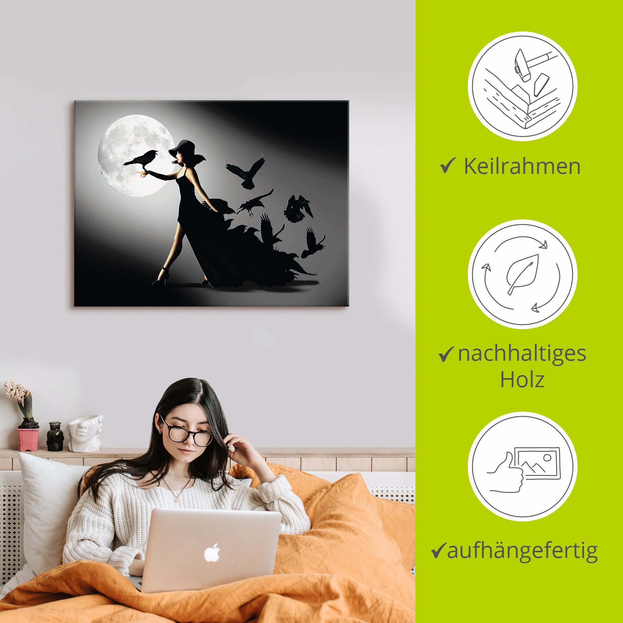 Artland Artprint De vrouw met de raaf als artprint van aluminium, artprint voor buiten, artprint op linnen, poster, muursticker