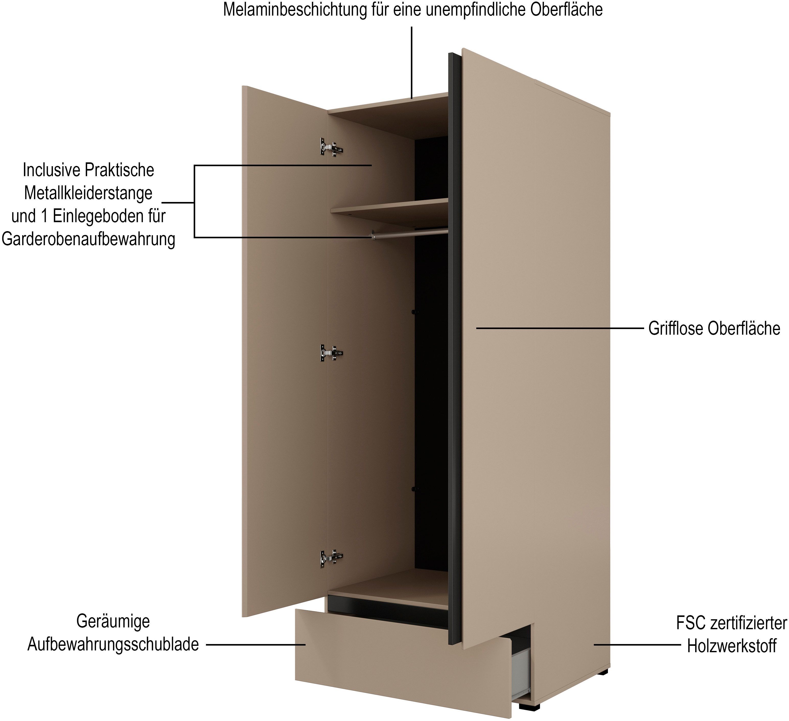INOSIGN Draaideurkast Cross, moderne greeploze kledingkast Lingeriekast met lade, garderobe, deuren