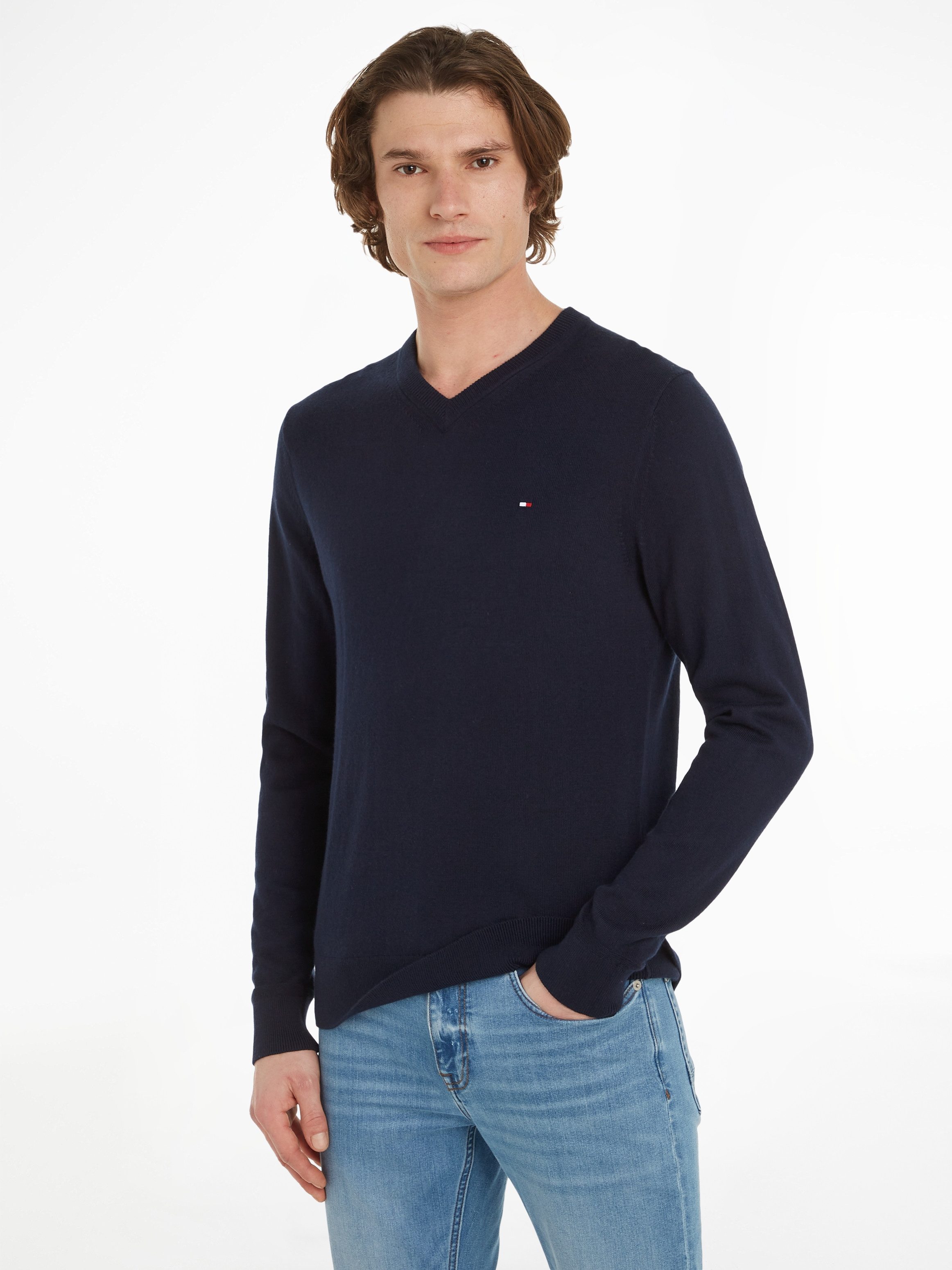 Tommy Hilfiger Trui met V-hals PIMA ORG CTN CASHMERE V NECK heren v-hals truien maat XXXL (58) blauw