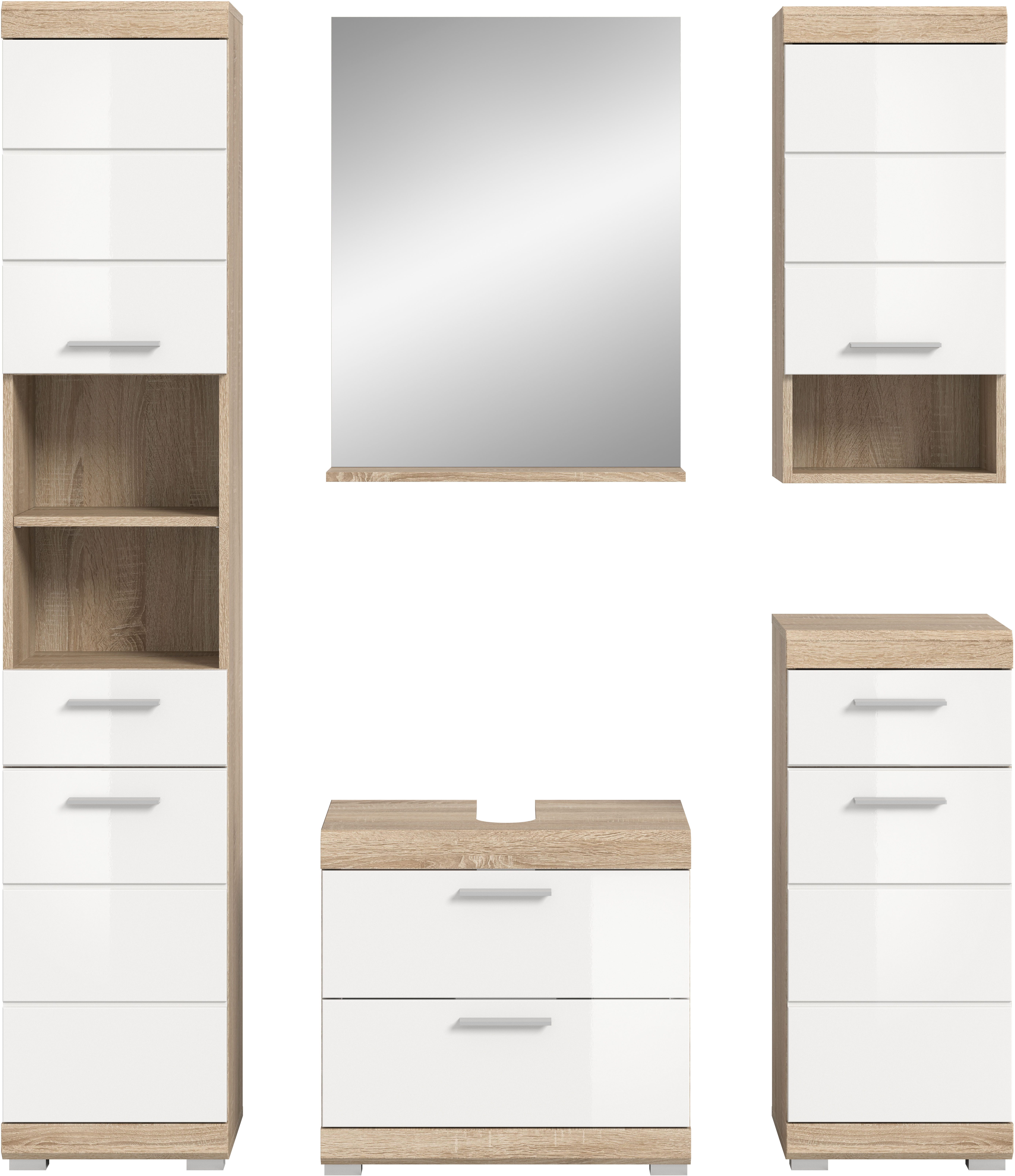INOSIGN Badmeubelset Siena, 5-delig, bestaande uit: Hoge kast, WBU, spiegel, onderkast, hangkast (set, 5 stuks)